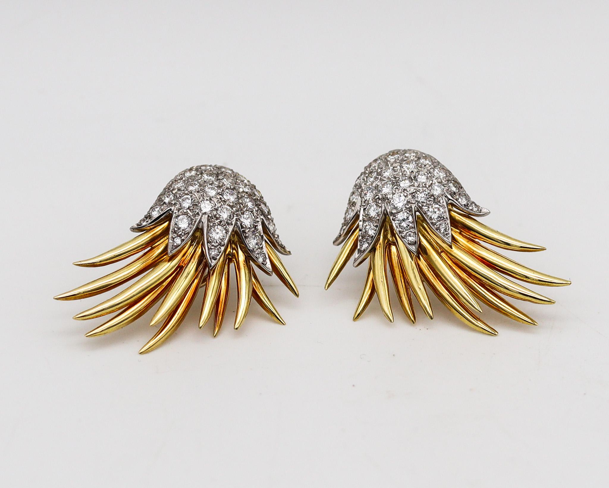 Brilliant Cut Tiffany & Co 1970 Flames Earrings In 18Kt Gold & Platinum With 3.46 Ctw Diamonds