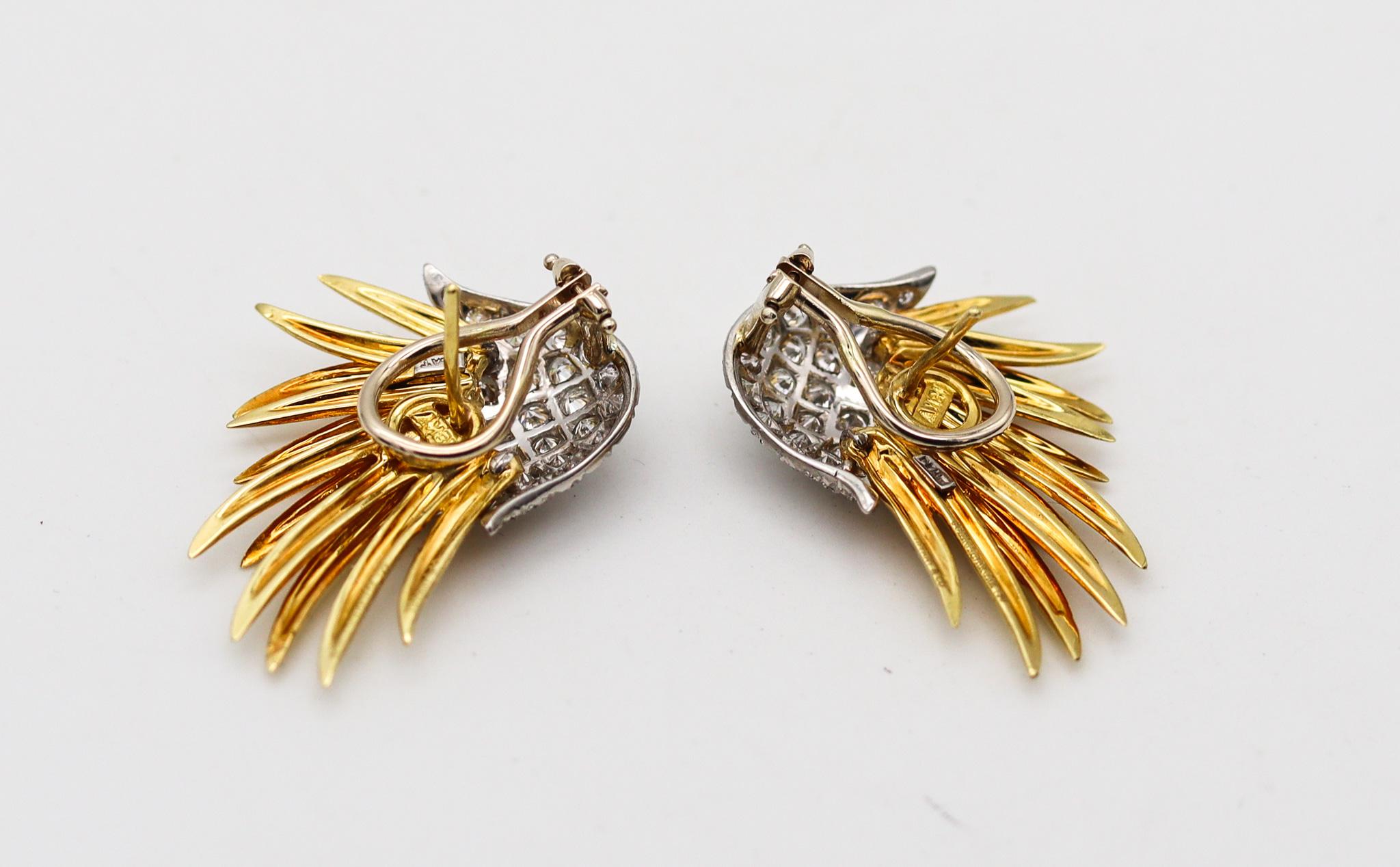 Modernist Tiffany & Co 1970 Flames Earrings In 18Kt Gold & Platinum With 3.46 Ctw Diamonds