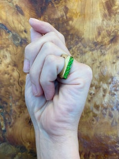 Tiffany & Co. 1970 Geometric Squared Ring 18Kt Gold with Green Guilloche Enamel