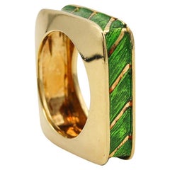Vintage Tiffany & Co. 1970 Geometric Squared Ring 18Kt Gold with Green Guilloche Enamel