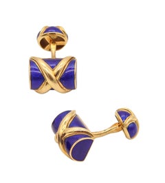 TIFFANY & CO. 1970 Jean Schlumberger Blue enameled Cufflinks In 18Kt Yellow Gold