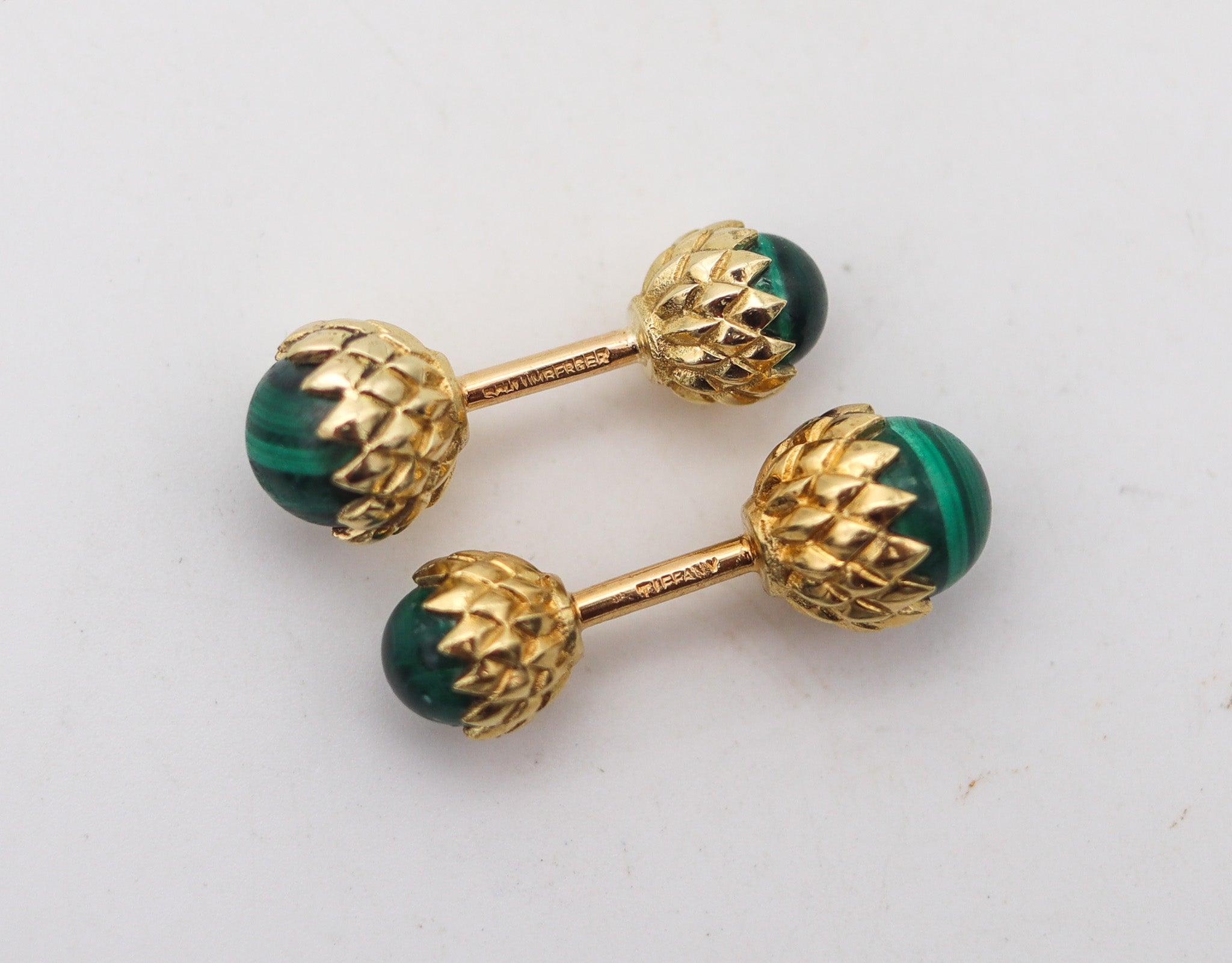 TIFFANY & CO. 1970 Jean Schlumberger Gemelos Tachuelas para camisa Oro de 18 quilates y malaquita en Bueno estado para la venta en Miami, FL