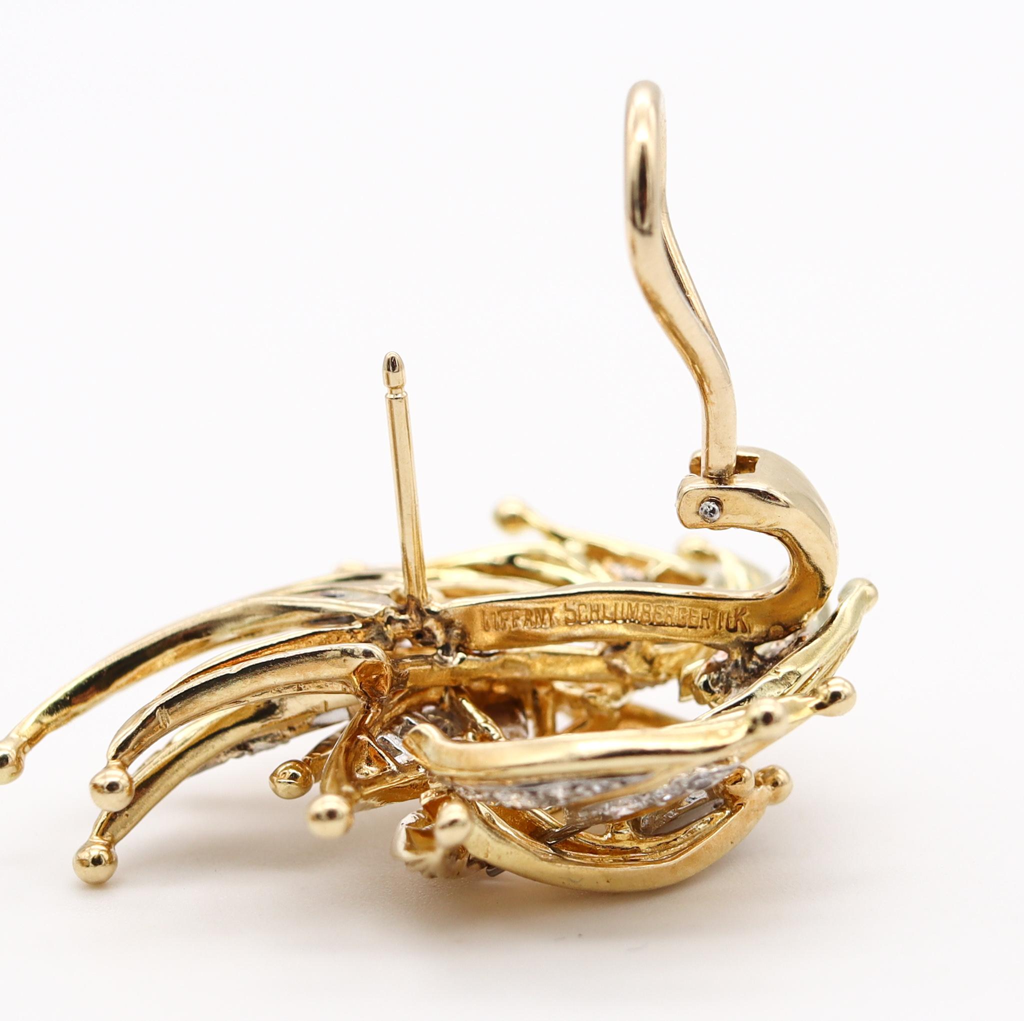 Modernist Tiffany Co 1970 Jean Schlumberger Flames Earrings 18Kt Gold 1.76 Cts Diamonds