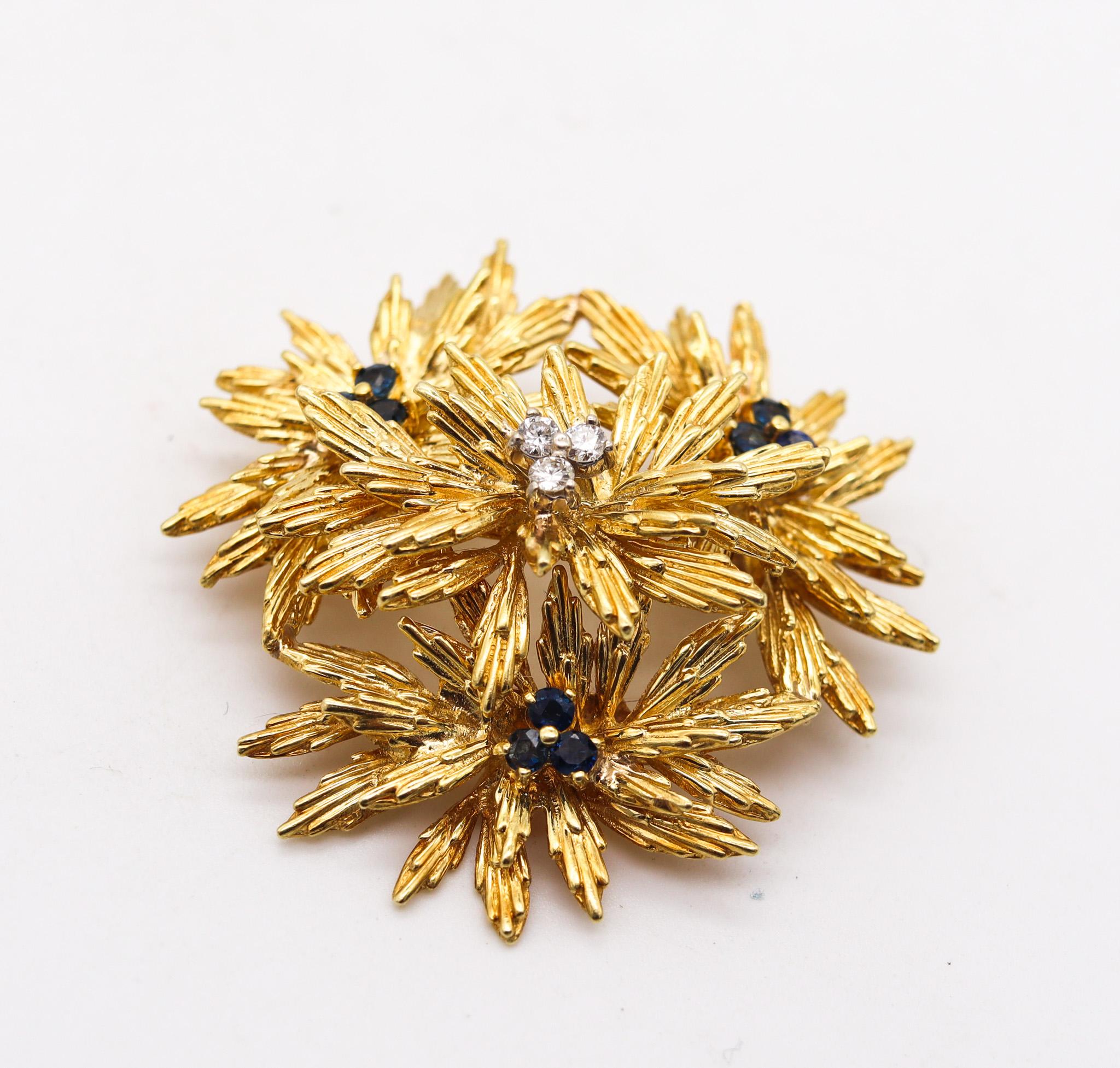 Women's or Men's Tiffany Co. 1970 Modernist Brooch In 18Kt Yellow Gold With Sapphires And Diamond For Sale