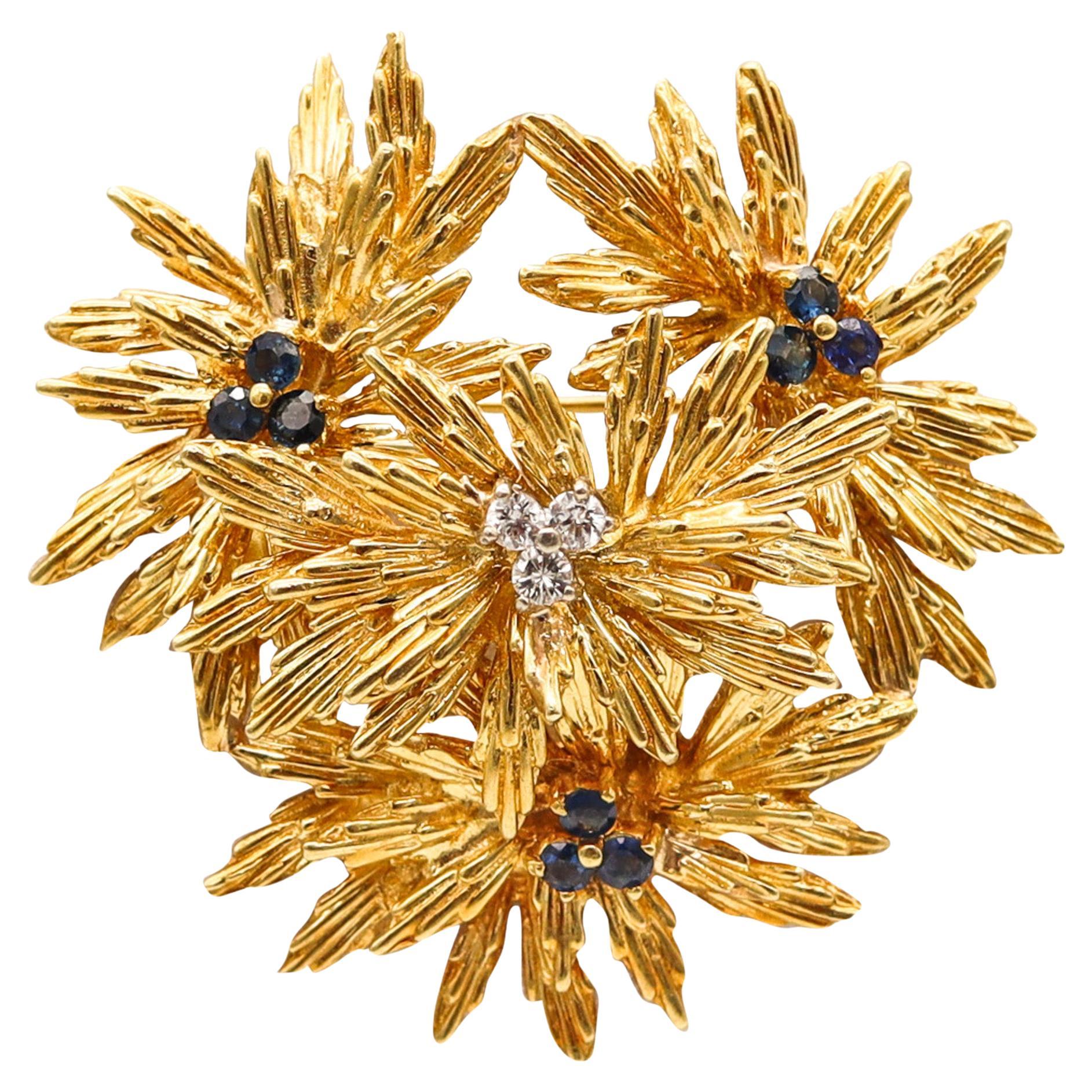 Tiffany Co. 1970 Modernist Brooch In 18Kt Yellow Gold With Sapphires And Diamond For Sale