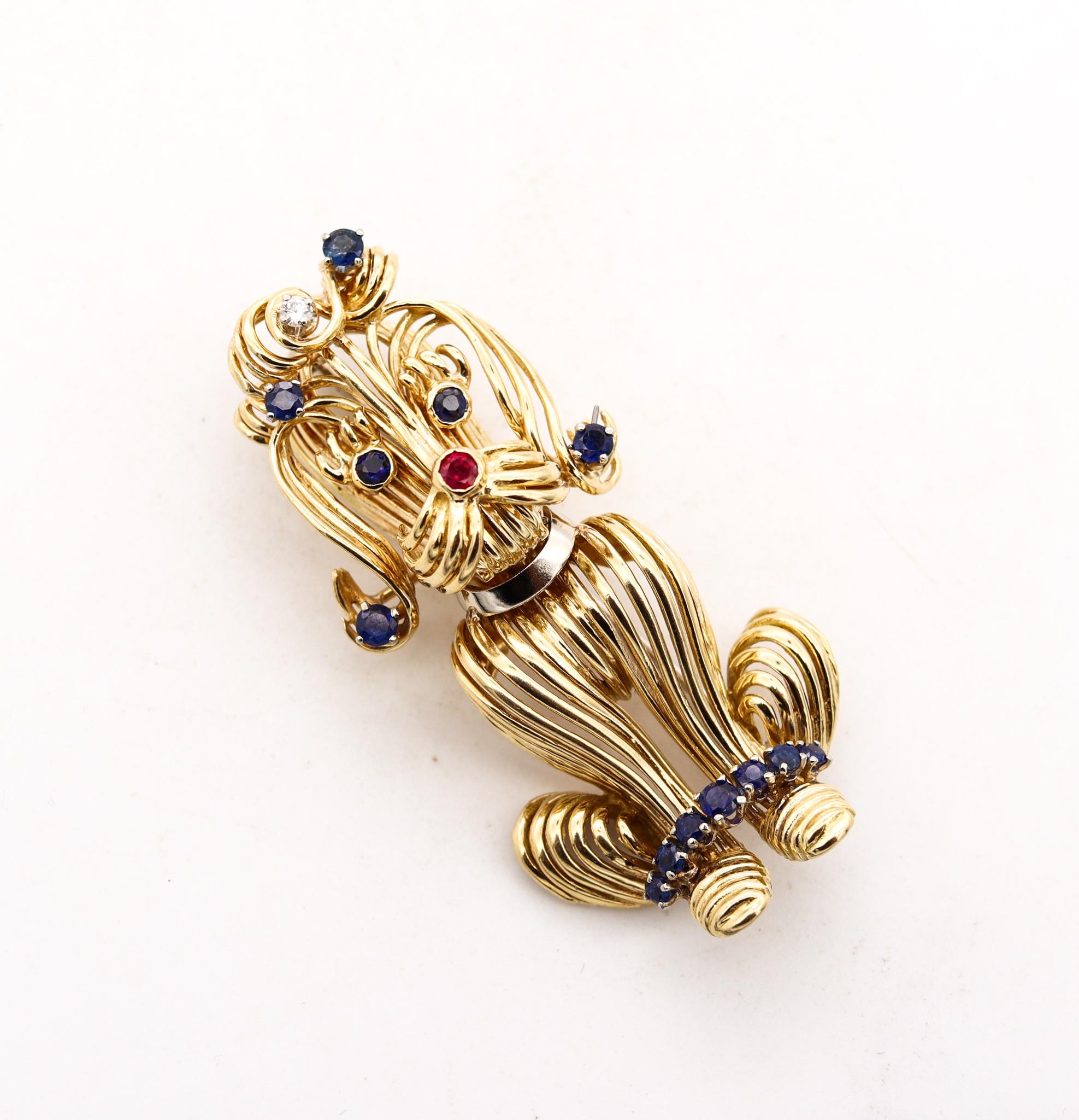 Brilliant Cut Tiffany & Co 1970 New York Dog Brooch 18Kt Gold with 1.34 Cts Sapphires Diamonds