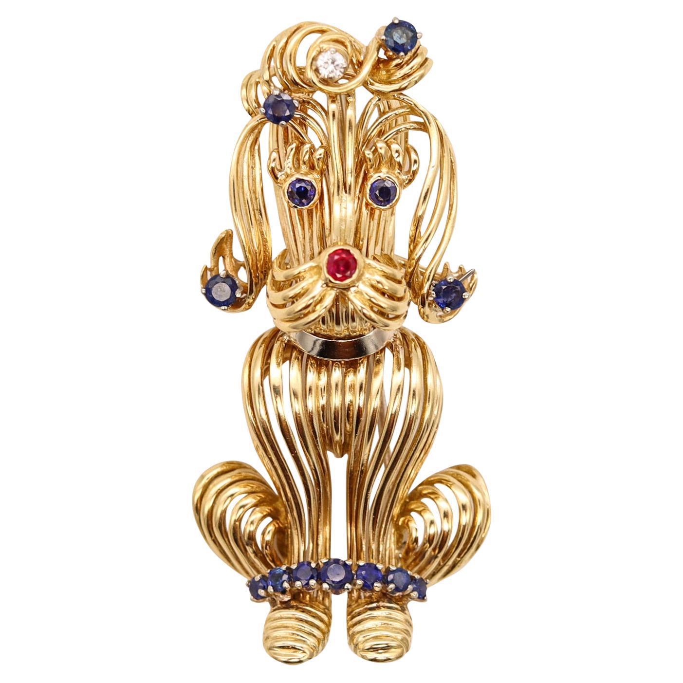 Tiffany & Co 1970 New York Dog Brooch 18Kt Gold with 1.34 Cts Sapphires Diamonds