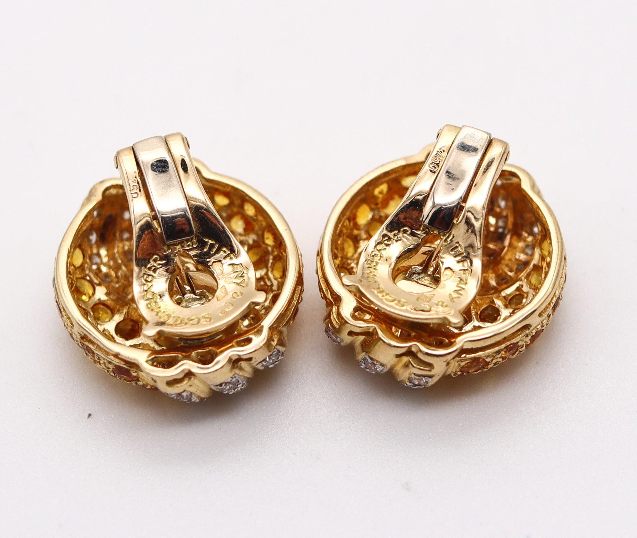 Round Cut TIFFANY & CO. 1970 Paris Schlumberger Earrings In 18Kt Gold Diamonds & Sapphires For Sale