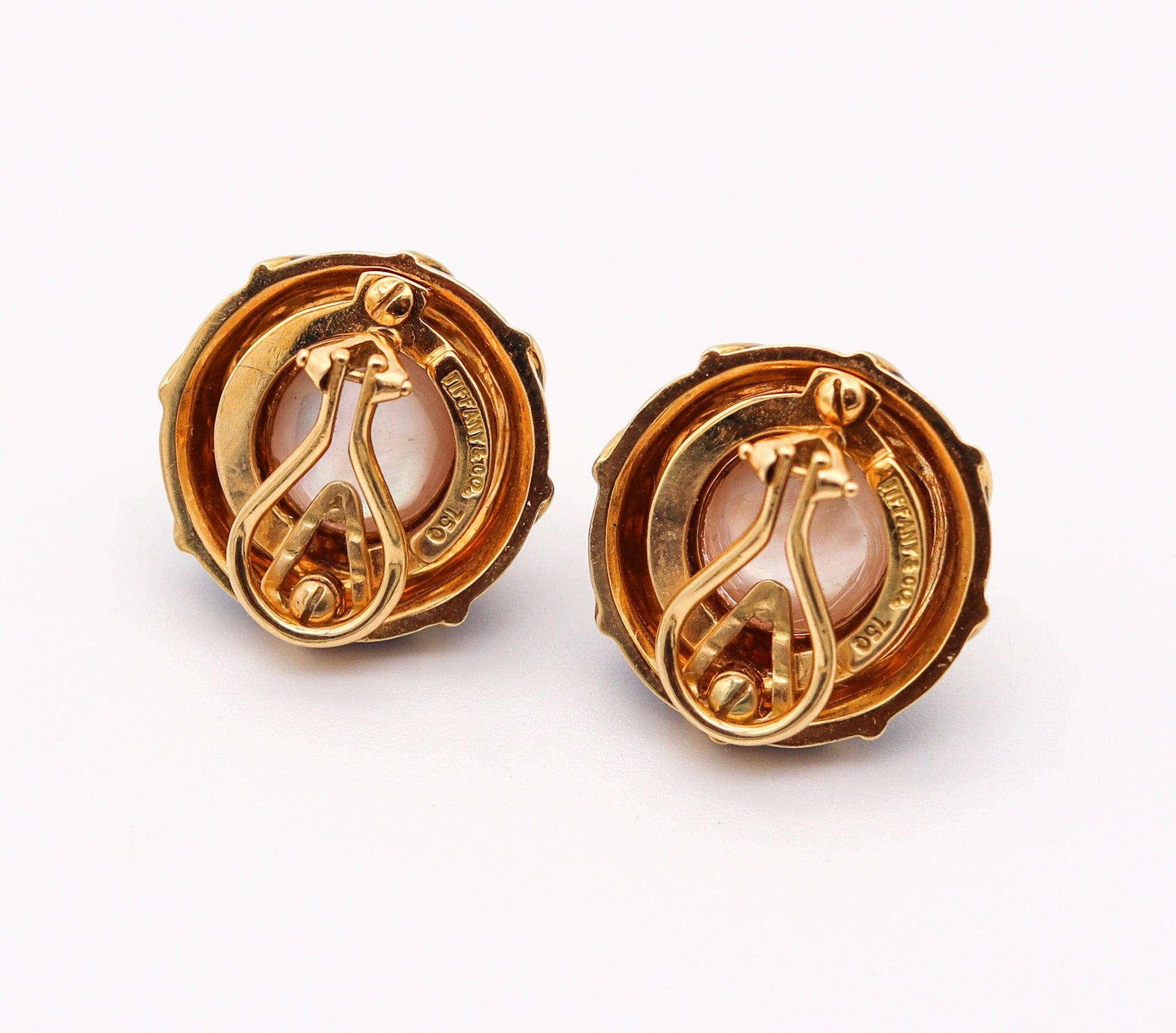 Round Cut TIFFANY & CO. 1970 Pearls Earrings In 18Kt Yellow Gold With Blue Enamel For Sale