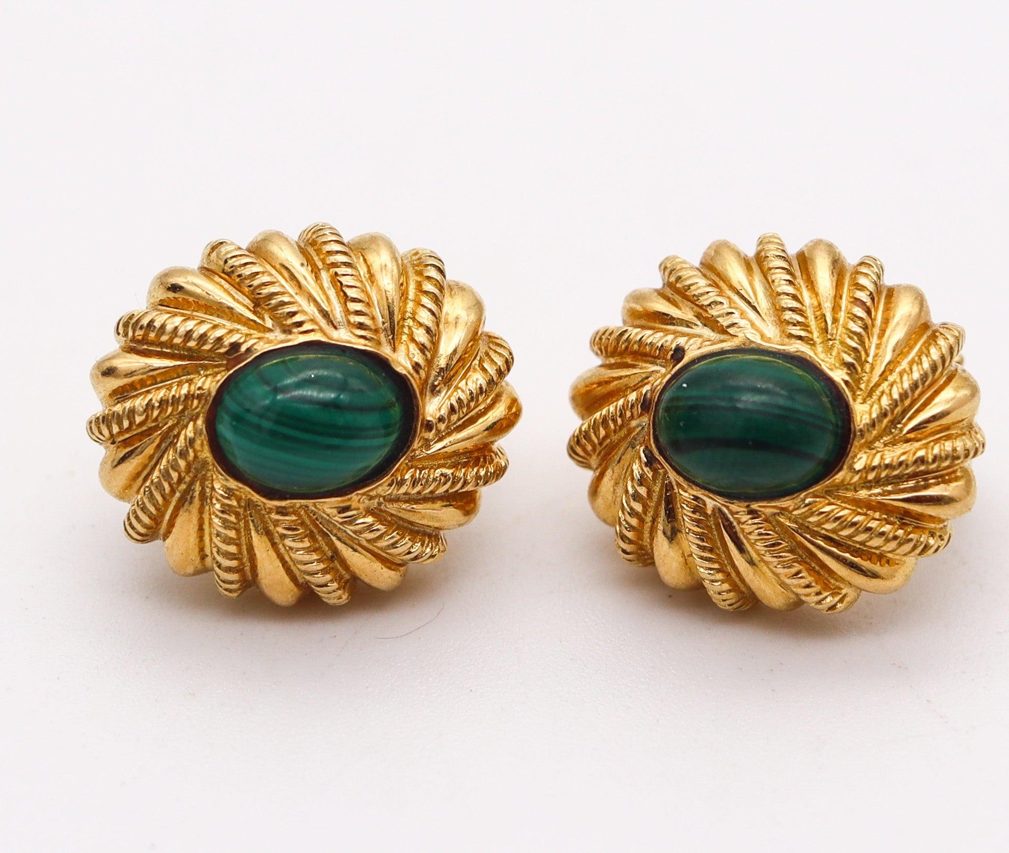 Modernist TIFFANY & CO. 1970 Schlumberger Clips-On Earrings In 18Kt Gold With Malachites For Sale