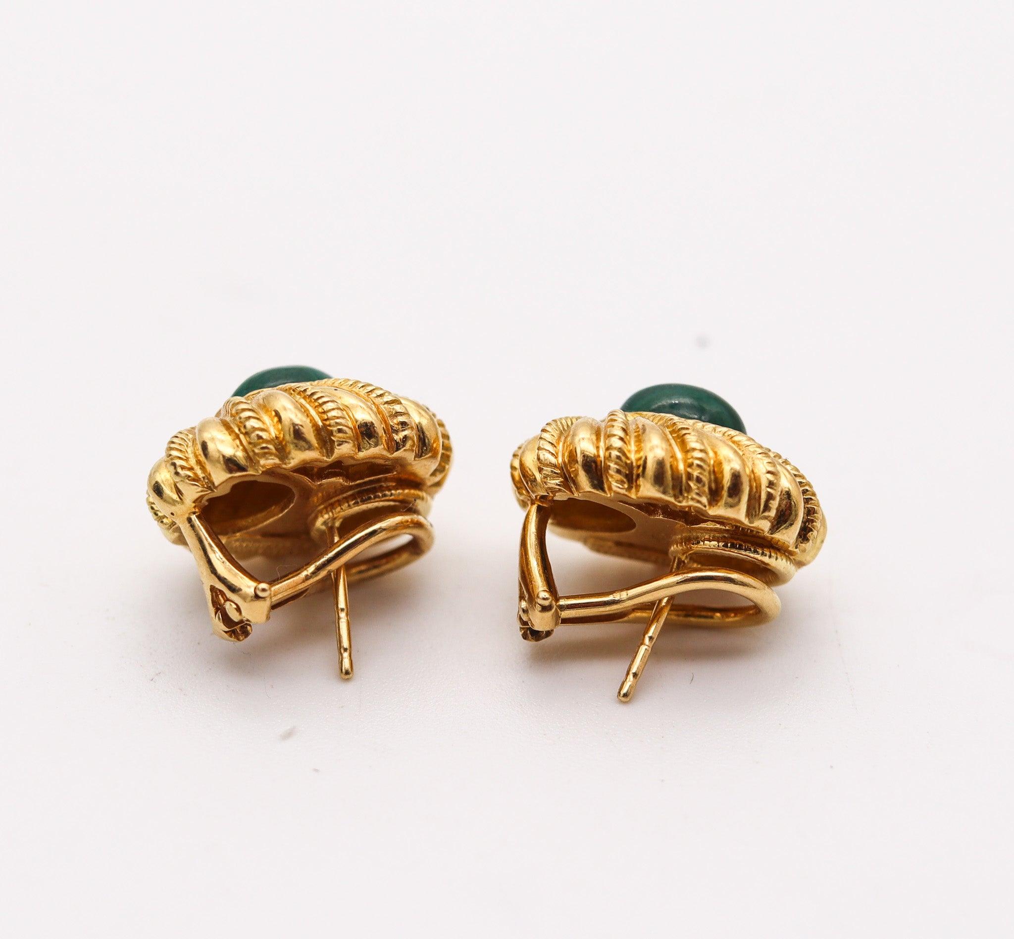 Cabochon TIFFANY & CO. 1970 Schlumberger Clips-On Earrings In 18Kt Gold With Malachites For Sale