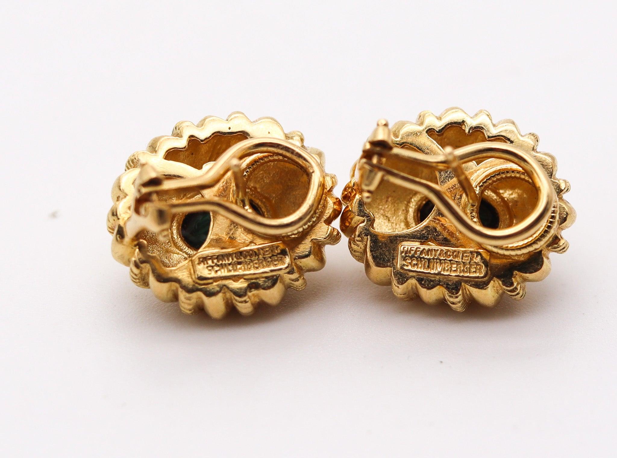 TIFFANY & CO. 1970 Schlumberger Clips-On Earrings In 18Kt Gold With Malachites In Excellent Condition For Sale In Miami, FL