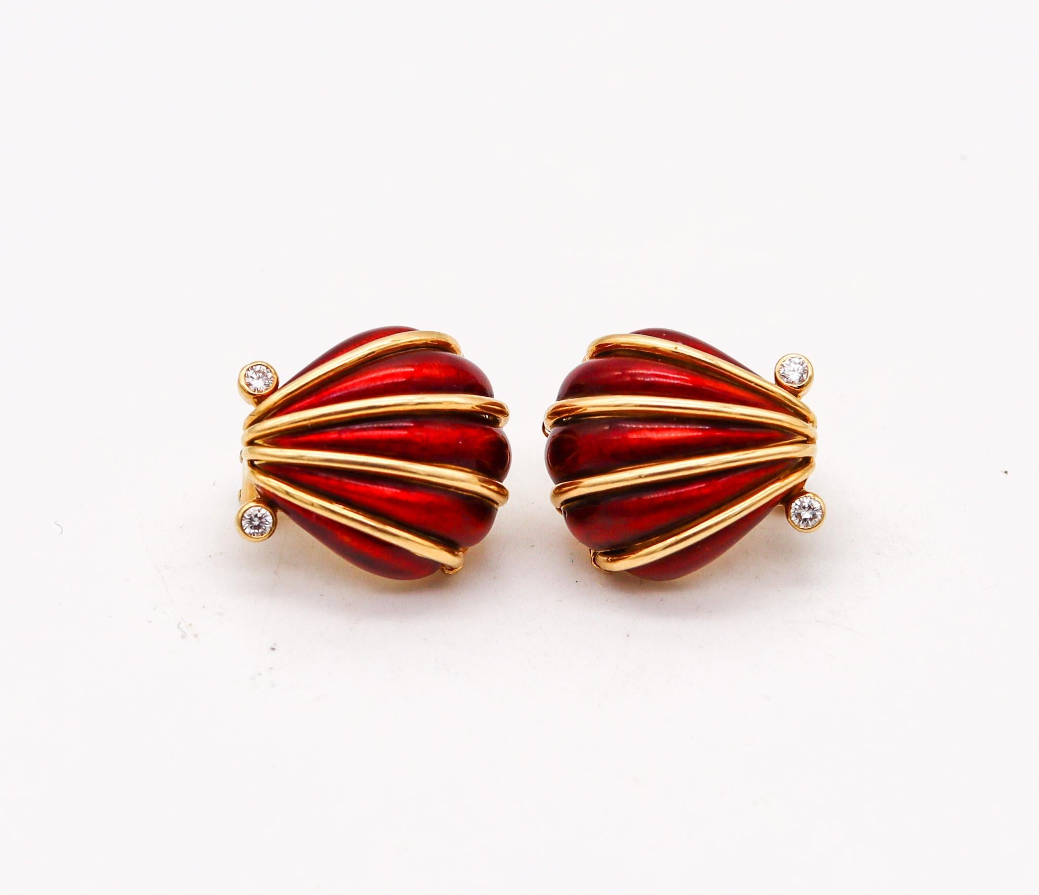 Modernist Tiffany & Co. 1970 Schlumberger Enameled Earrings In 18Kt Gold With Diamonds For Sale