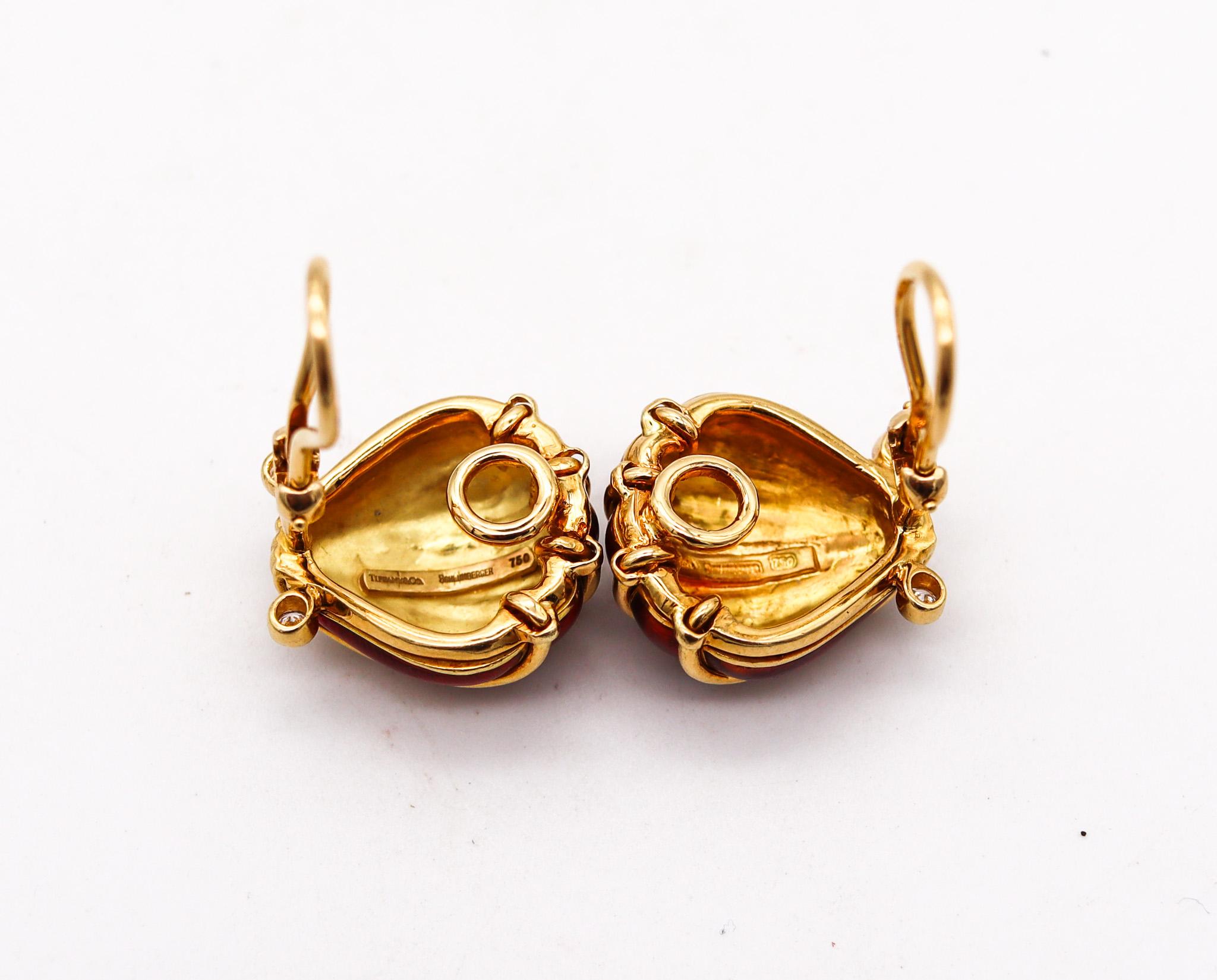 Brilliant Cut Tiffany & Co. 1970 Schlumberger Enameled Earrings In 18Kt Gold With Diamonds For Sale