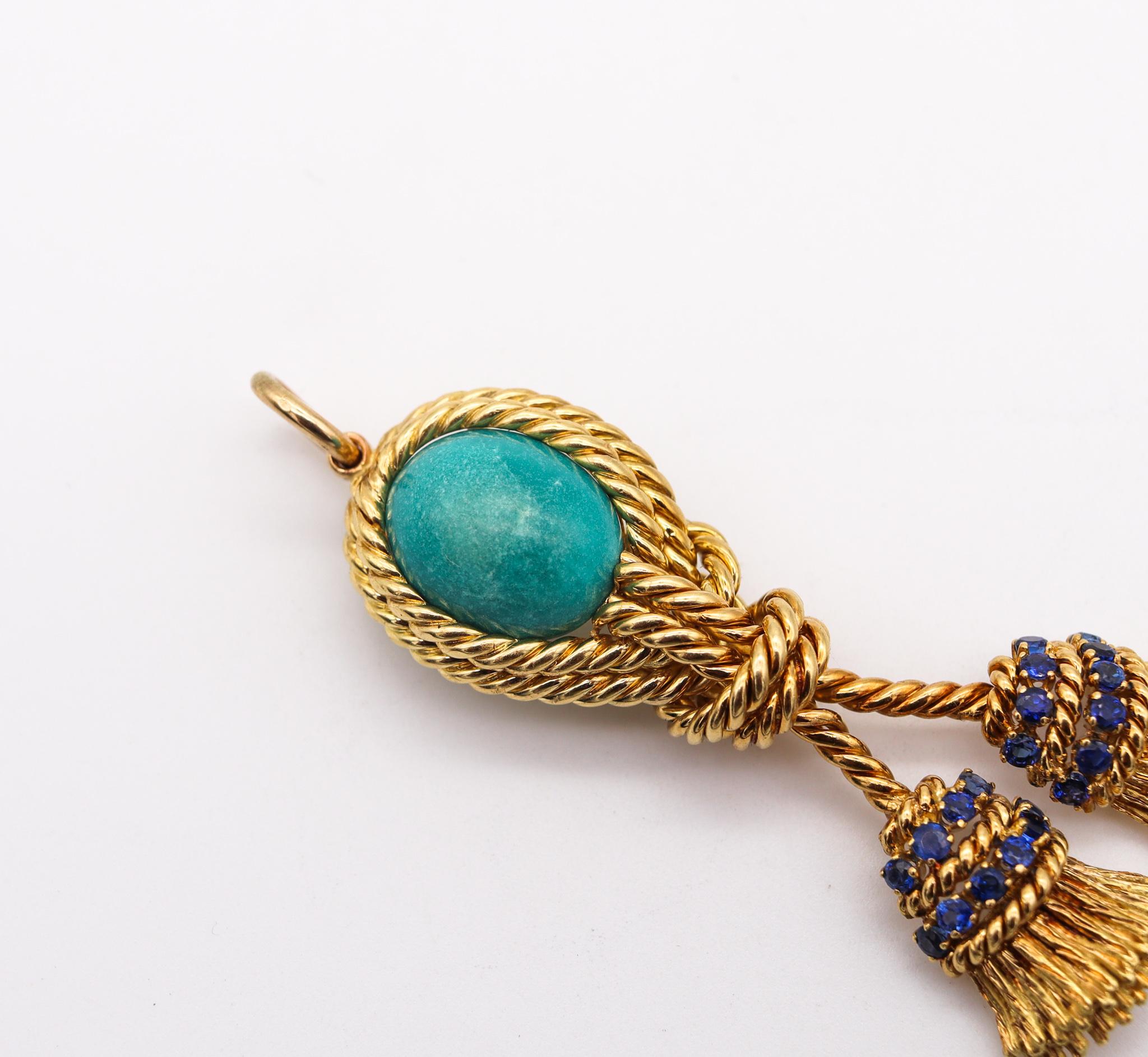 Brilliant Cut Tiffany & Co. 1970 Tassel Pendant 18Kt Gold with 11.75 Cts Sapphires Turquoises