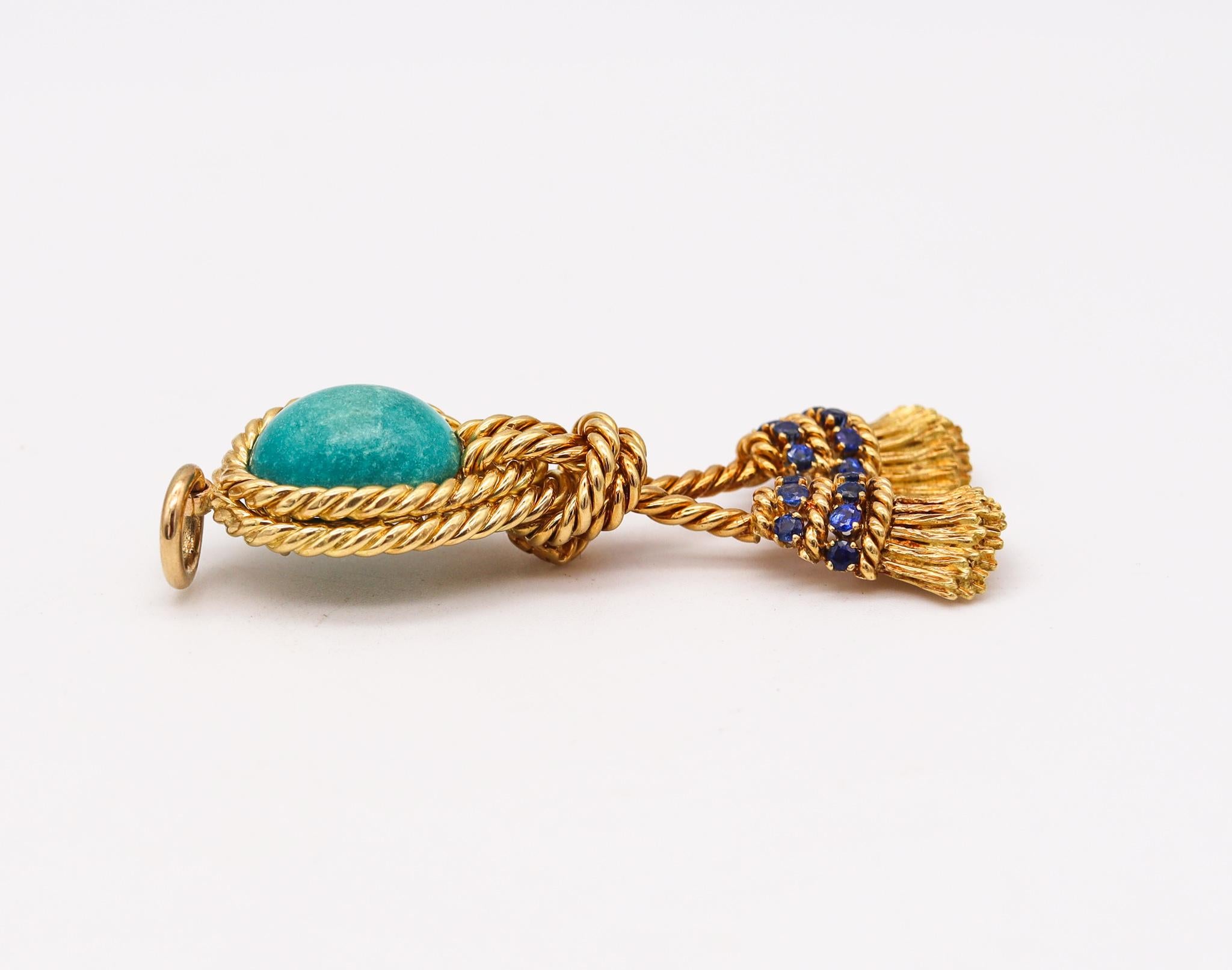 Tiffany & Co. 1970 Tassel Pendant 18Kt Gold with 11.75 Cts Sapphires Turquoises In Excellent Condition In Miami, FL