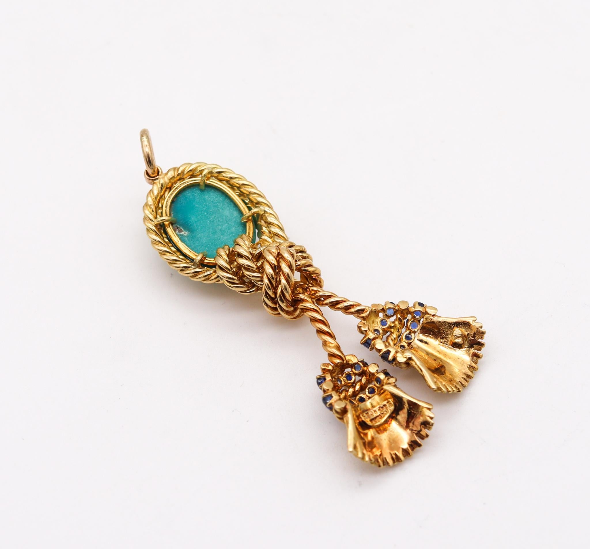 Women's or Men's Tiffany & Co. 1970 Tassel Pendant 18Kt Gold with 11.75 Cts Sapphires Turquoises
