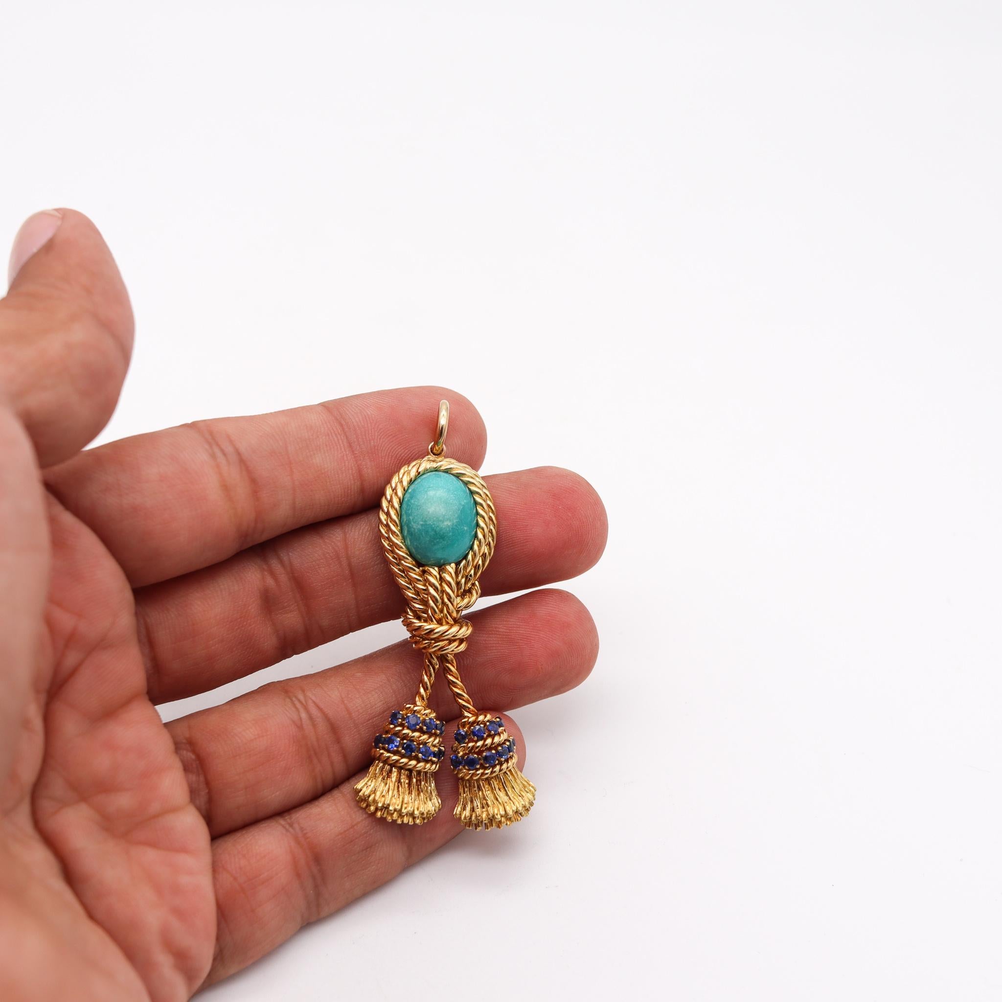 Tiffany & Co. 1970 Tassel Pendant 18Kt Gold with 11.75 Cts Sapphires Turquoises 2