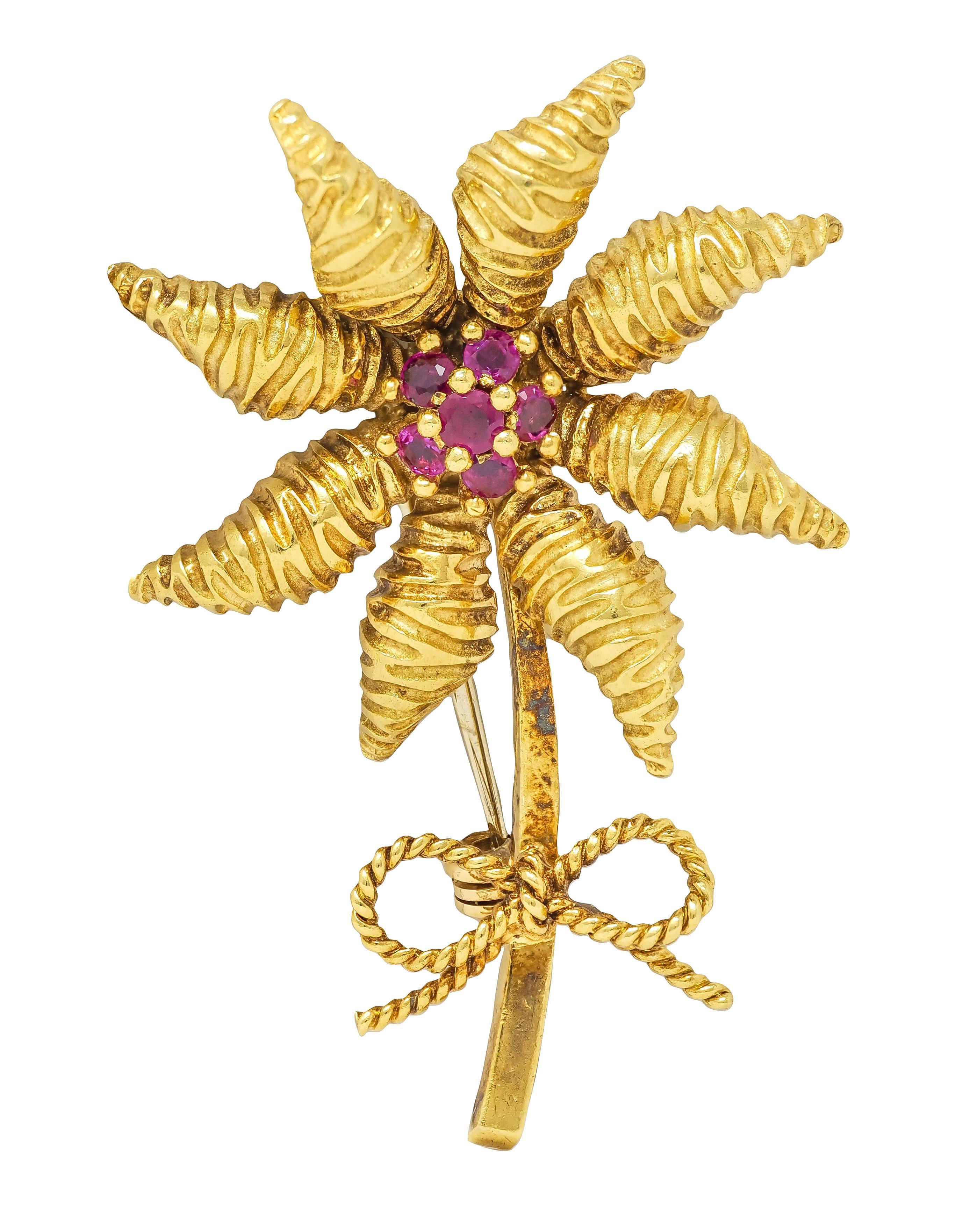 Tiffany 
Co. 1970
s 0.86 CTW Ruby 18 Karat Yellow Gold Vintage Flower Brooch