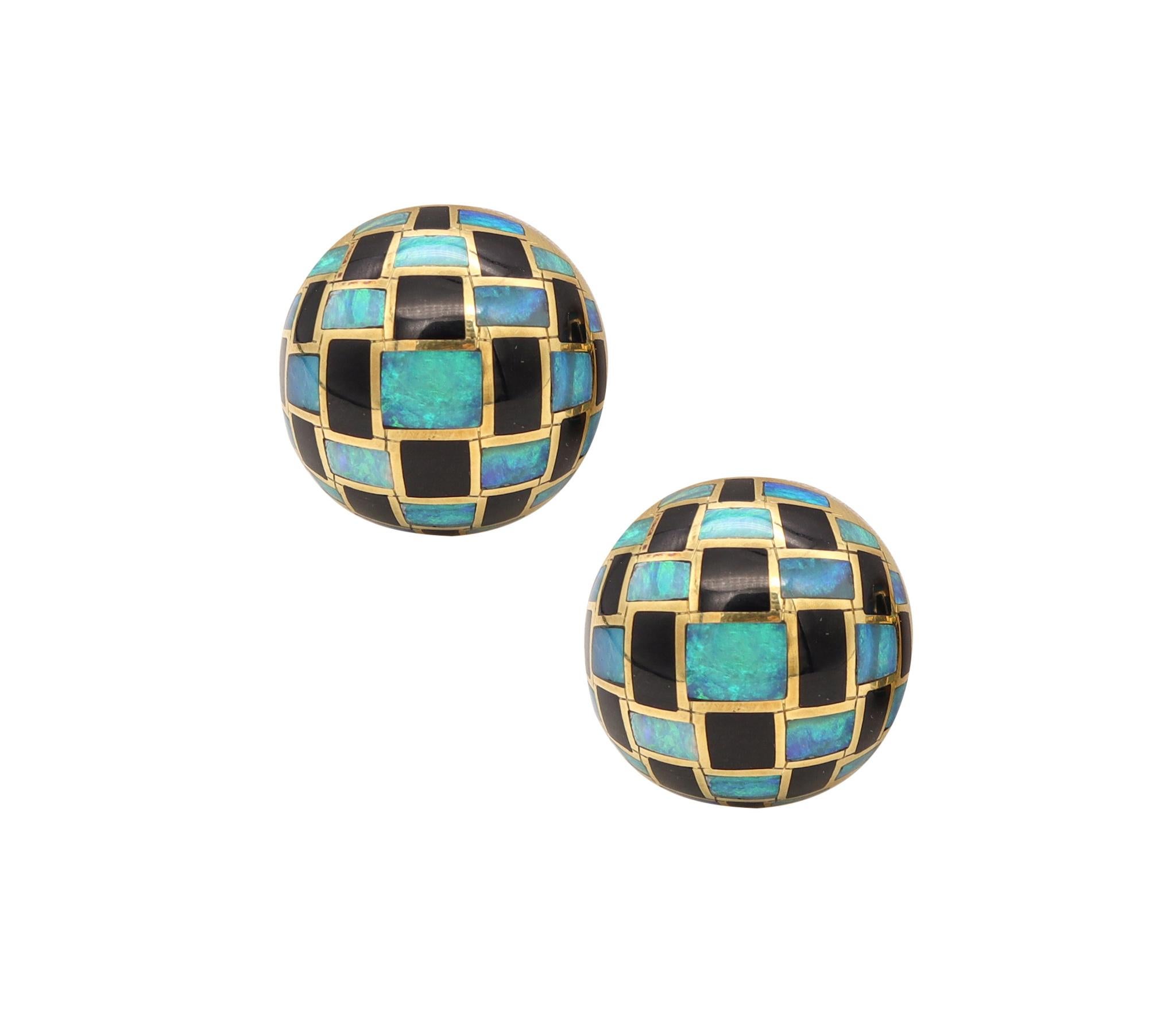 Modernist Tiffany Co 1970s Angela Cummings Domed Clip Earrings 18Kt Gold with Opal Jade For Sale