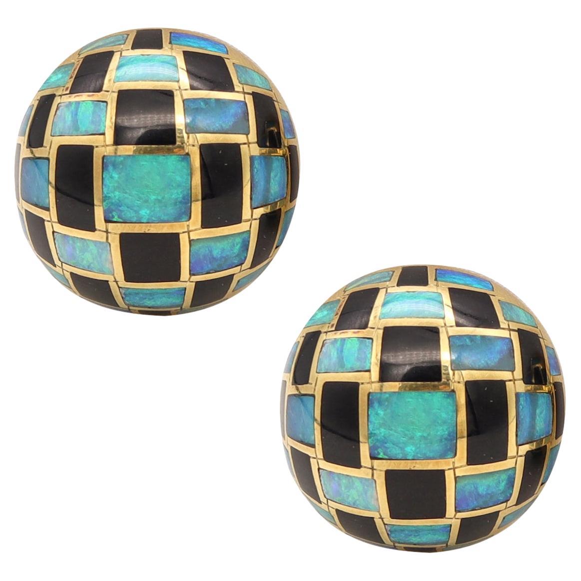 Tiffany Co 1970s Angela Cummings Domed Clip Earrings 18Kt Gold with Opal Jade For Sale
