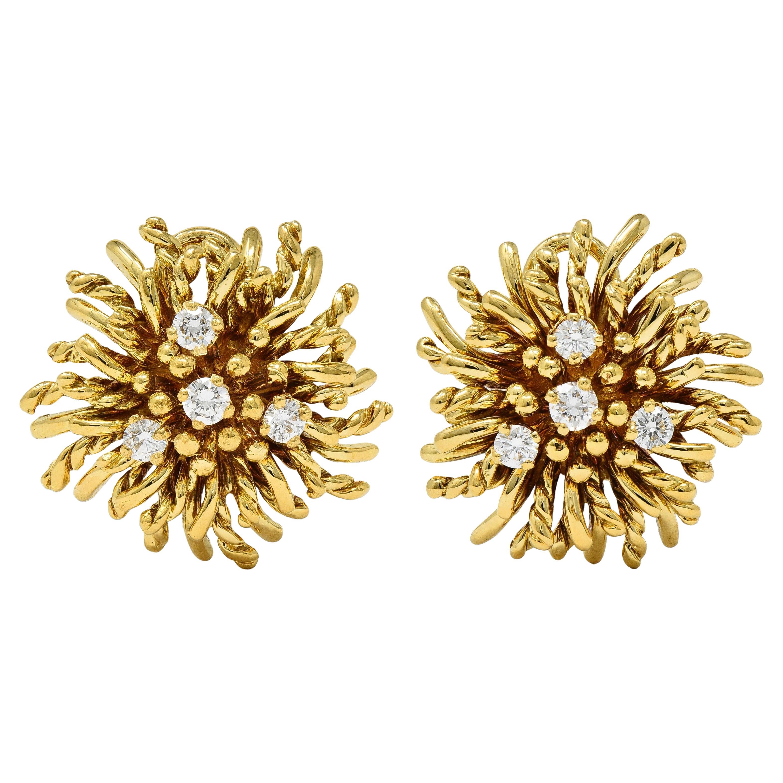 Tiffany
Co. 1970 Diamond 18K Gold Vintage Anemone Ear-Clip Earrings