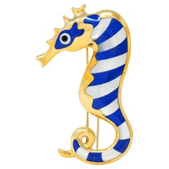 Tiffany & Co. 1970's Lapis Lazuli Mother-Of-Pearl Onyx 18K Gold Seahorse Brooch
