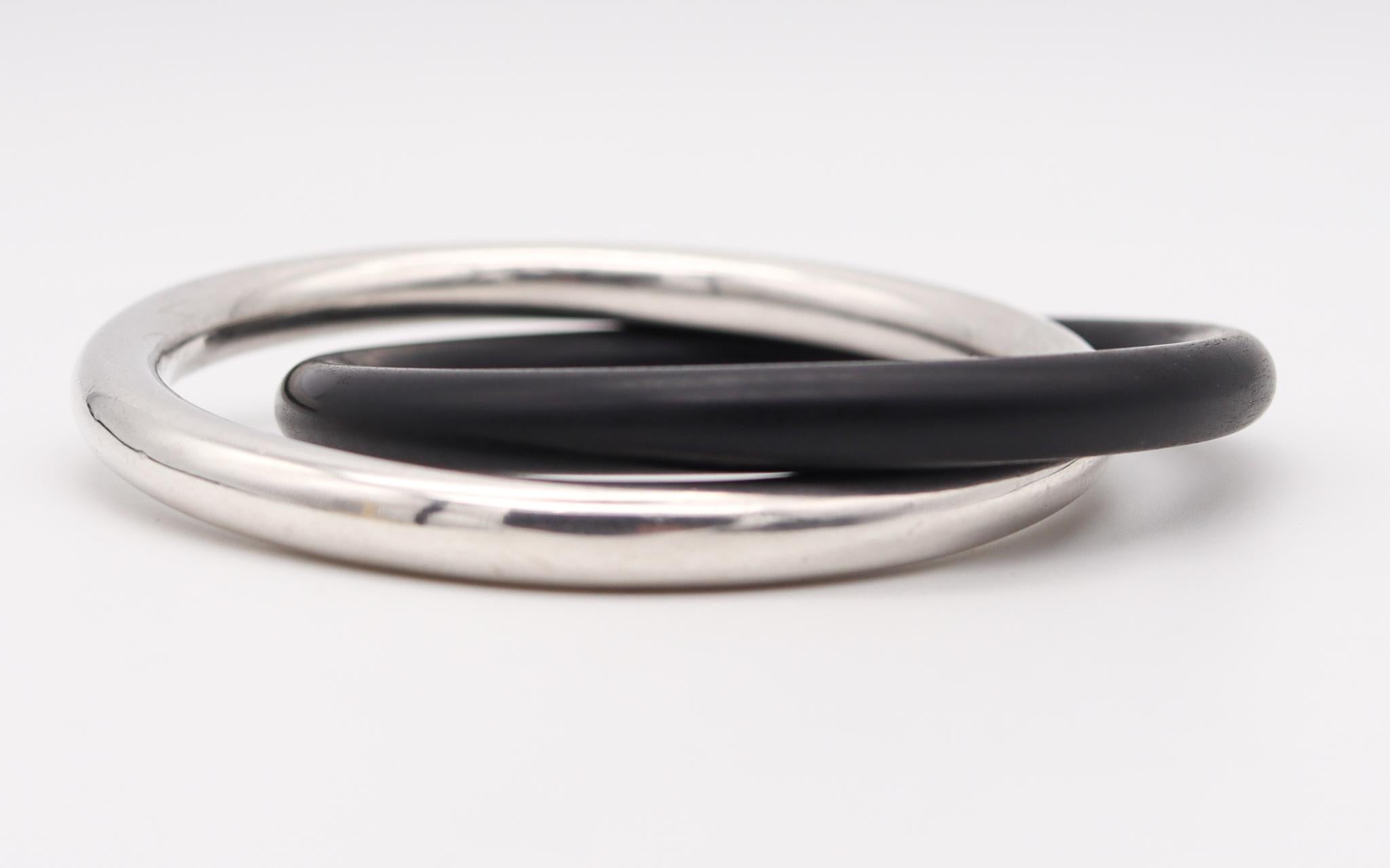 Modernist Tiffany & Co. 1975 Elsa Peretti Double Bangles in Sterling Silver and Ebony Wood