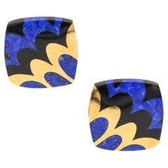 Tiffany & Co. 1977 Angela Cummings Clips Earrings 18Kt Gold Lapis and Black Jade