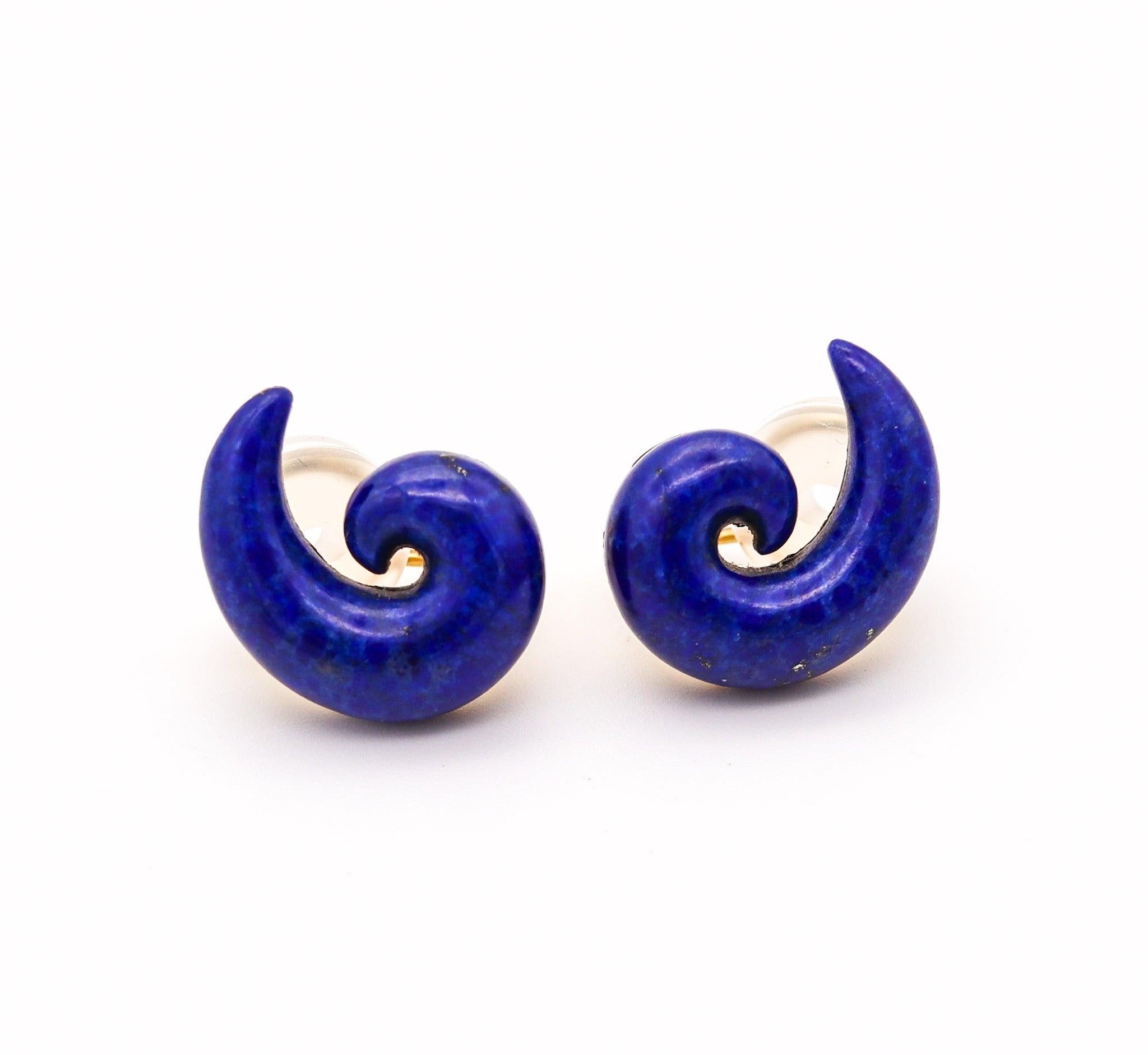 Modernist TIFFANY & CO. 1977 Angela Cummings Lapis Comas Clips On Earrings In 18Kt Gold For Sale