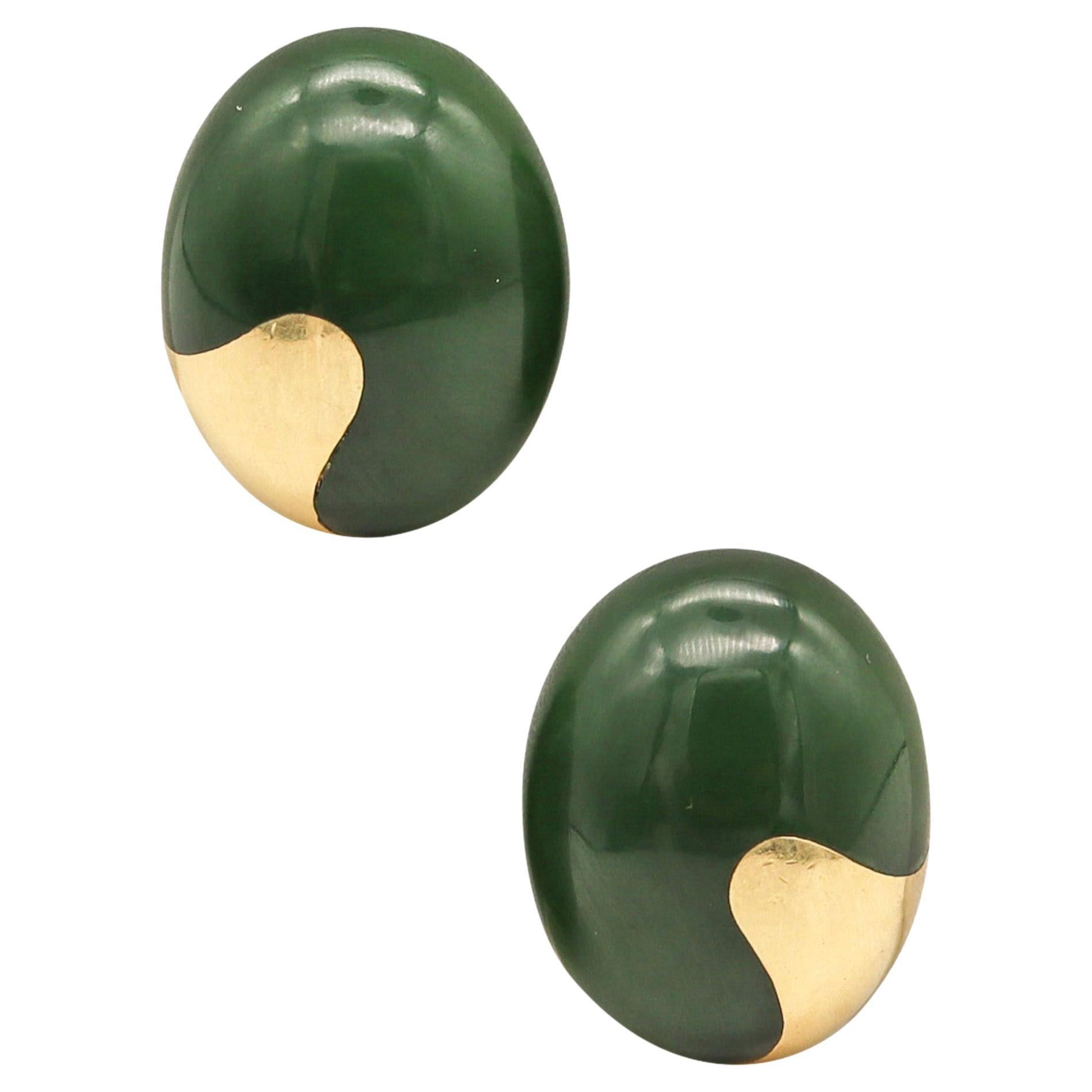 Tiffany & Co. 1977 Angela Cummings Nephrite Jade Oval Clips Earrings 18Kt Gold