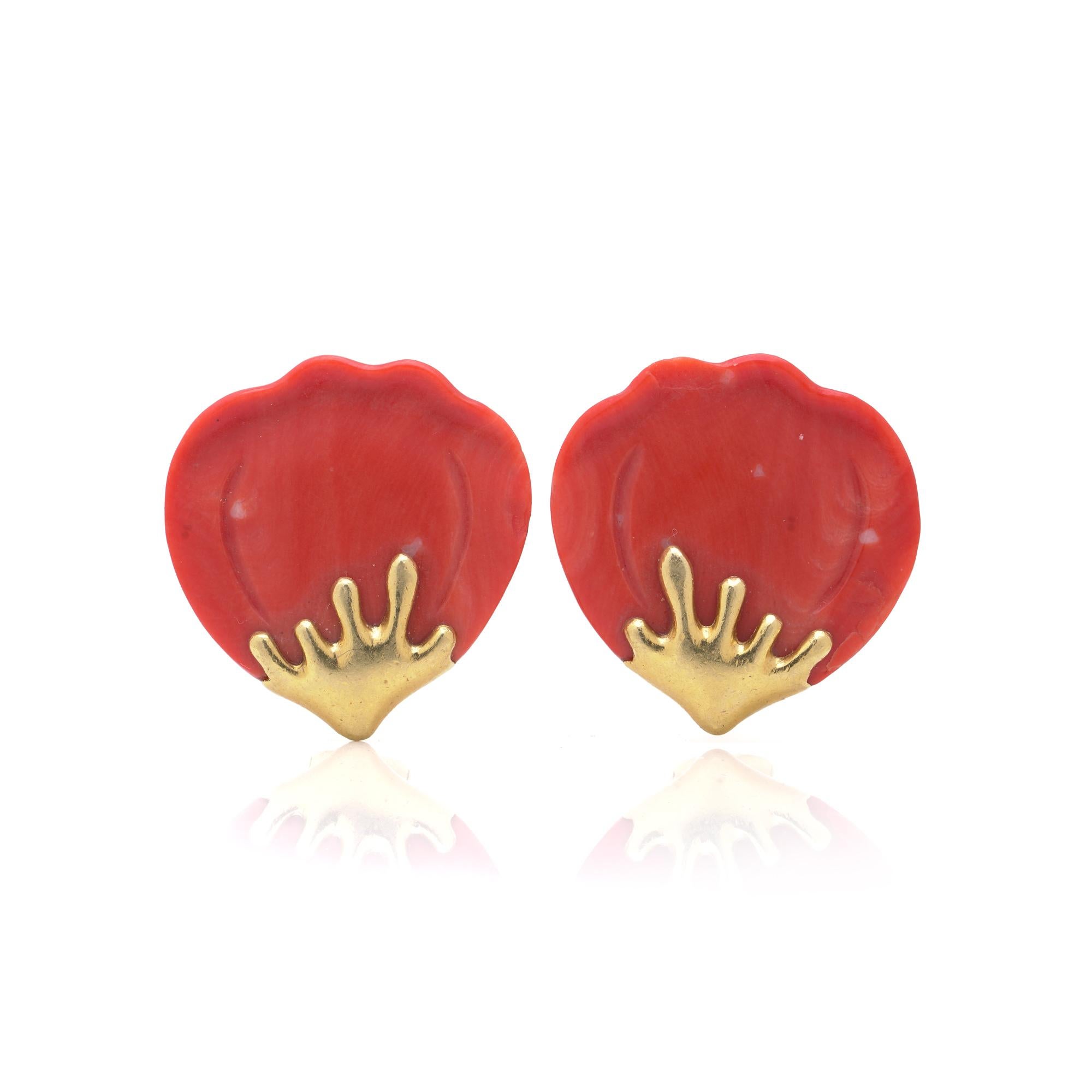 A pair of 1977 Tiffany 
Co. Angela Cummings Petals earrings crafted in 18kt yellow gold and carved pink quartz. Designed as stylised floral petal forms, the pink quartz displays soft natural translucency and is accented by finely textured gold