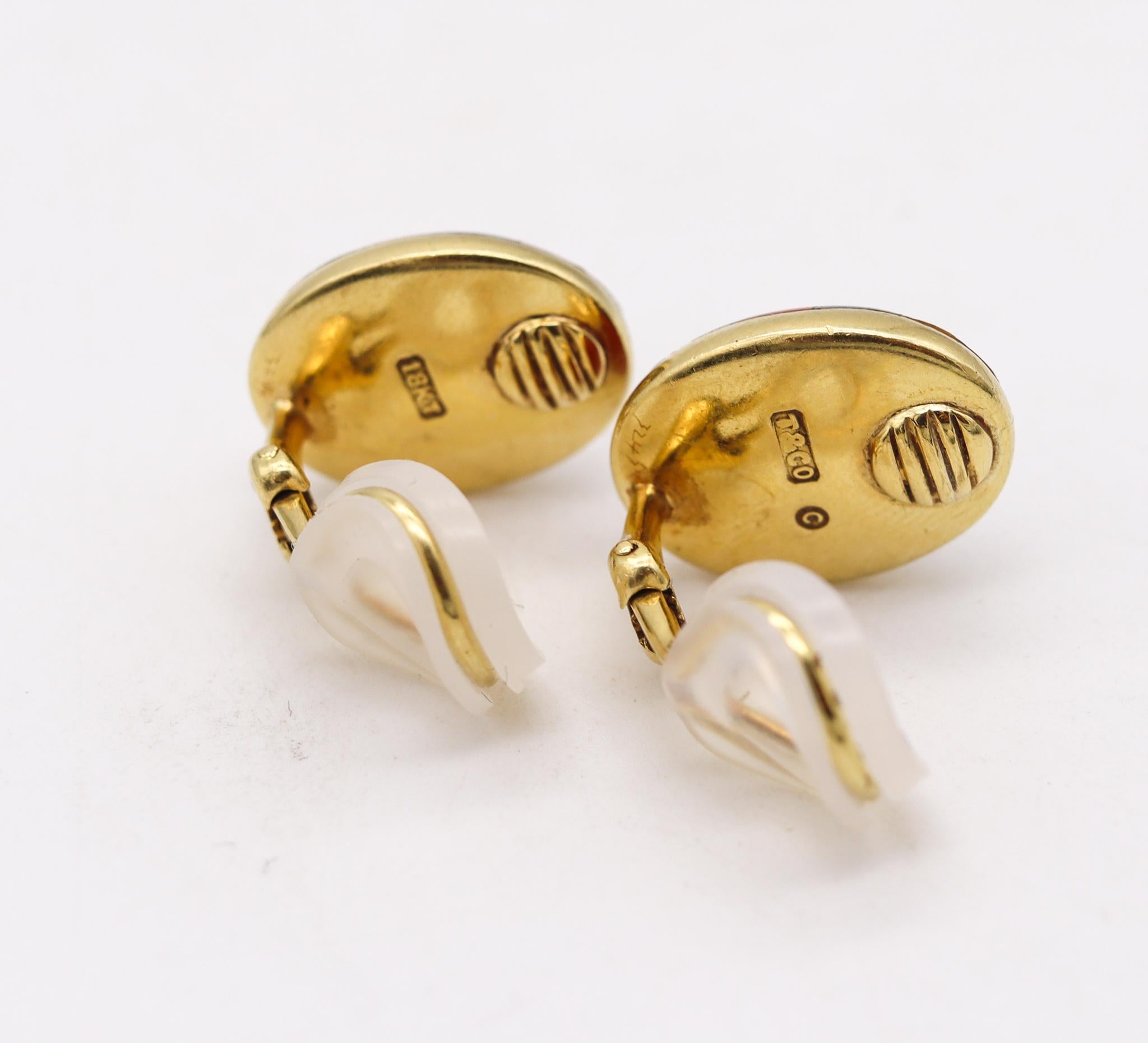 Modernist Tiffany & Co. 1977 by Ralph Lauren Geometric Clips Earrings 18Kt Gold with Gems For Sale