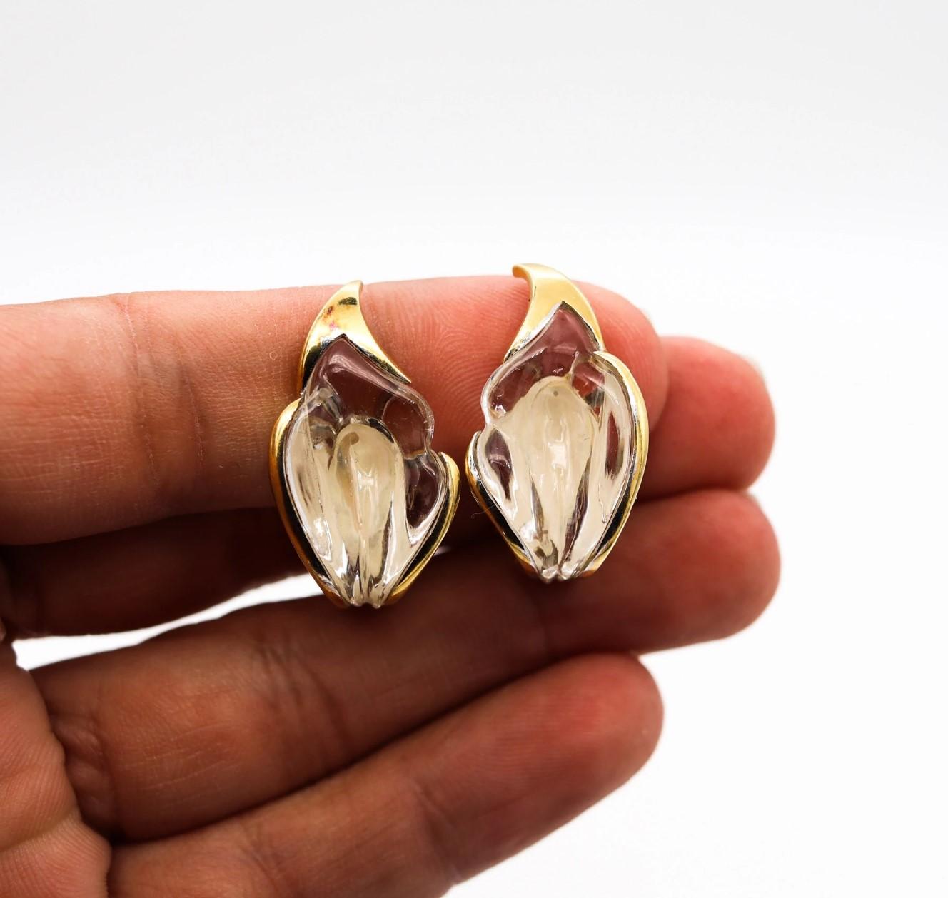 Modernist Tiffany & Co 1977 Elsa Peretti Rock Quartz Lilies Clips Earrings In 18Kt Gold For Sale