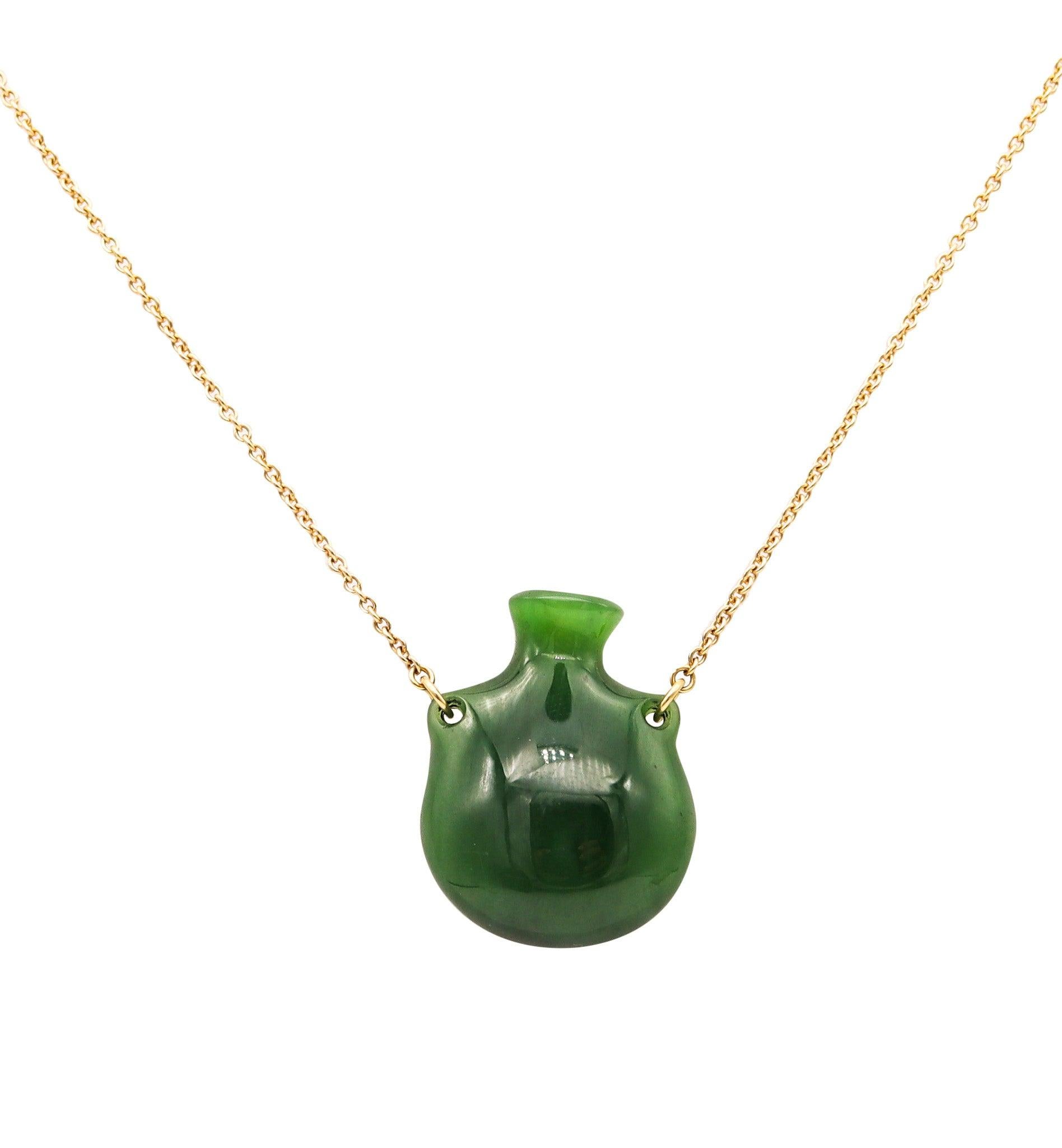 TIFFANY & CO 1979 Elsa Peretti Nephrite Jug Jar Bottle Necklace in 18Kt Gold