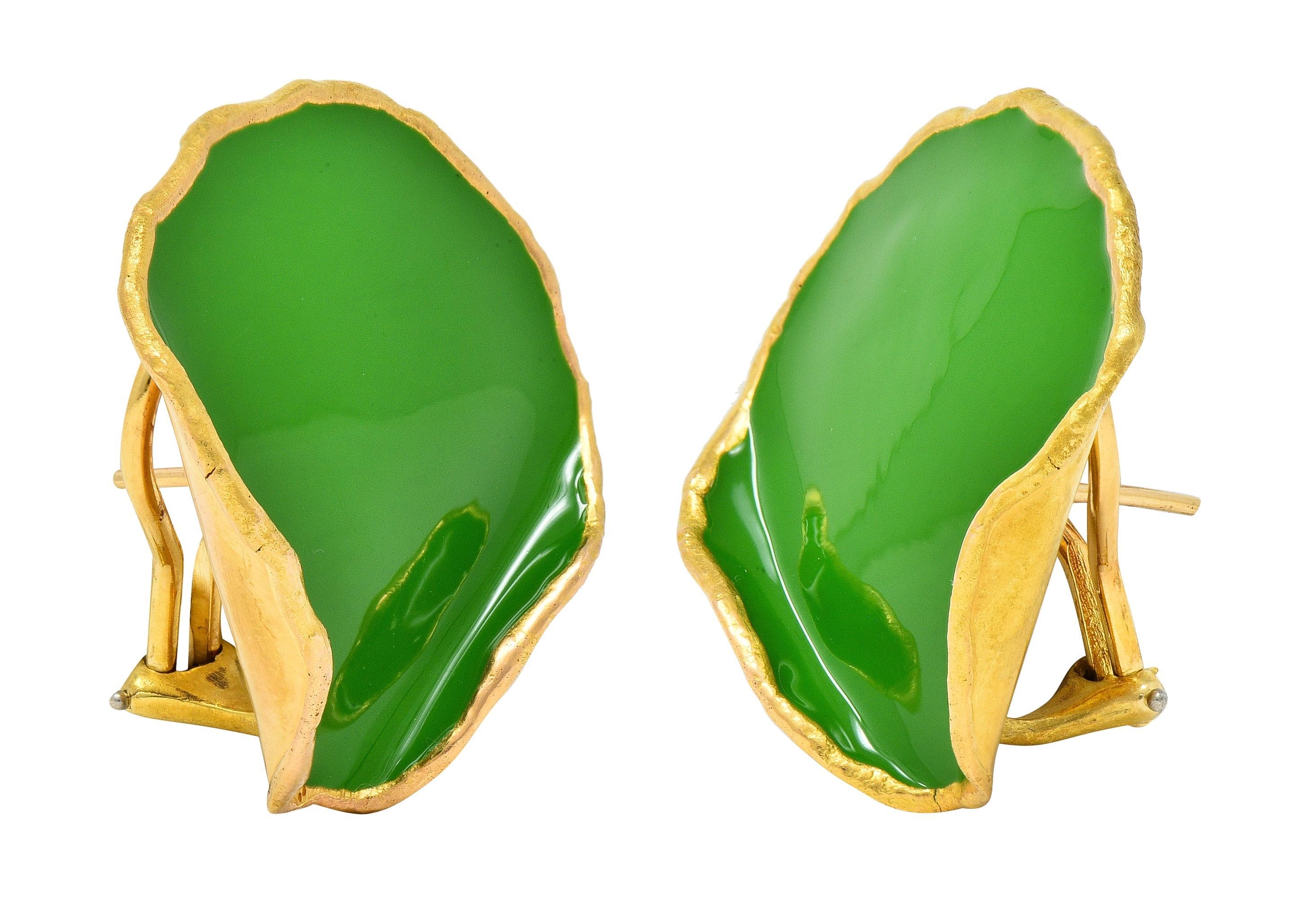 Tiffany & Co. 1979 Green Enamel 18 Karat Yellow Gold Vintage Rose Petal Earrings 7
