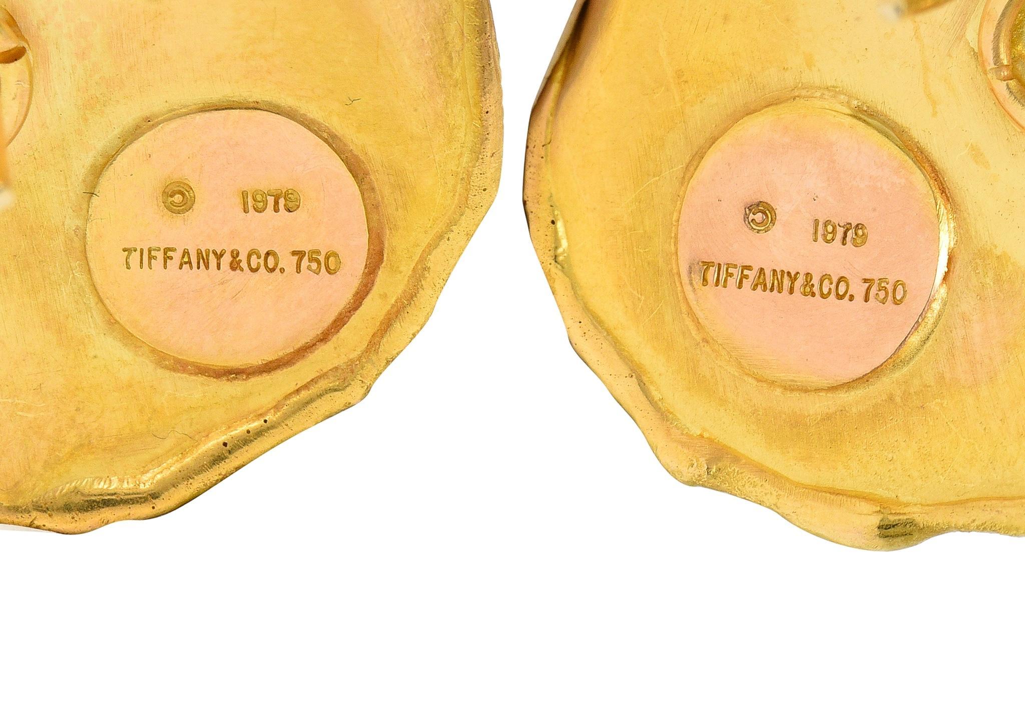 Tiffany & Co. 1979 Green Enamel 18 Karat Yellow Gold Vintage Rose Petal Earrings 1