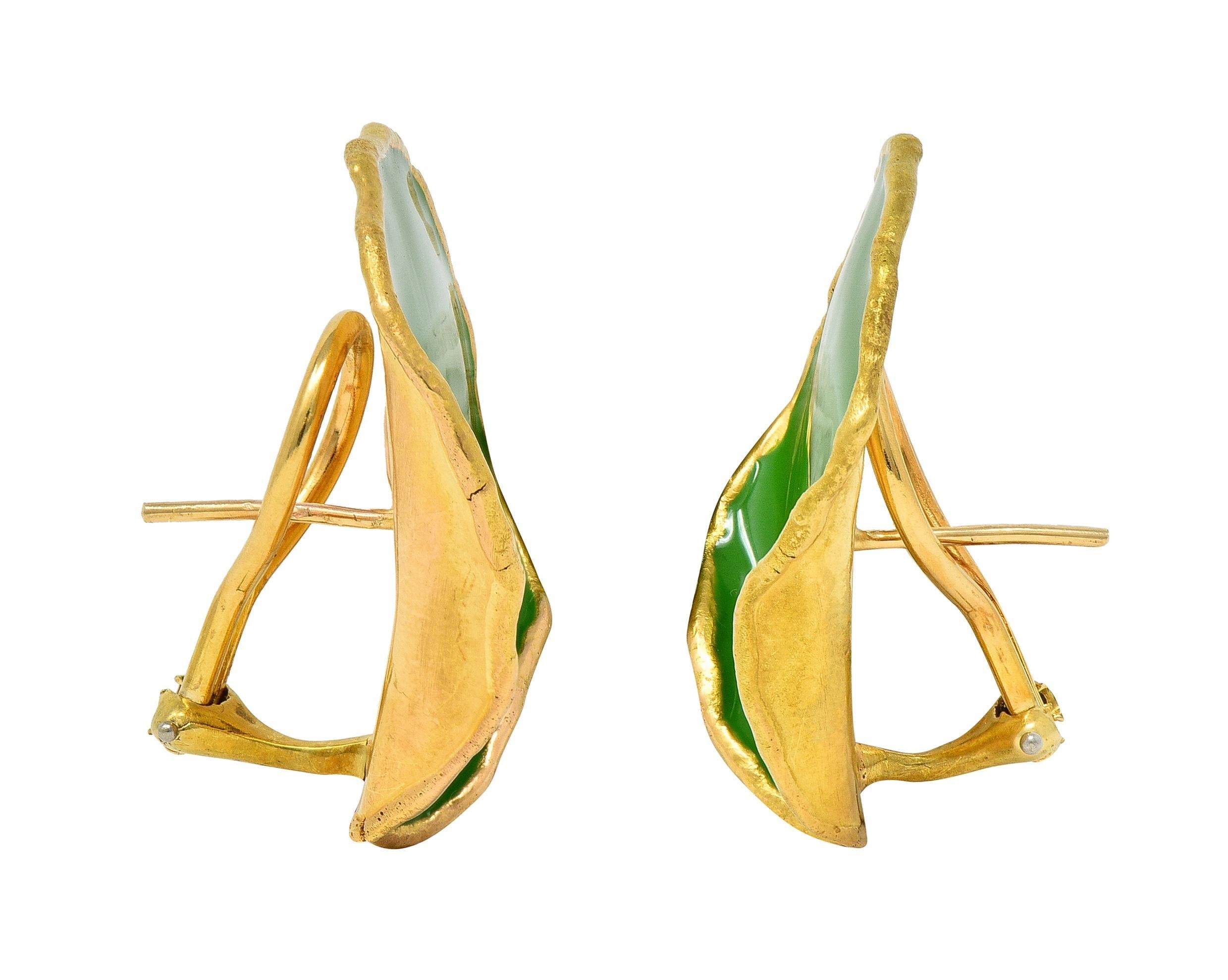 Tiffany & Co. 1979 Green Enamel 18 Karat Yellow Gold Vintage Rose Petal Earrings 3
