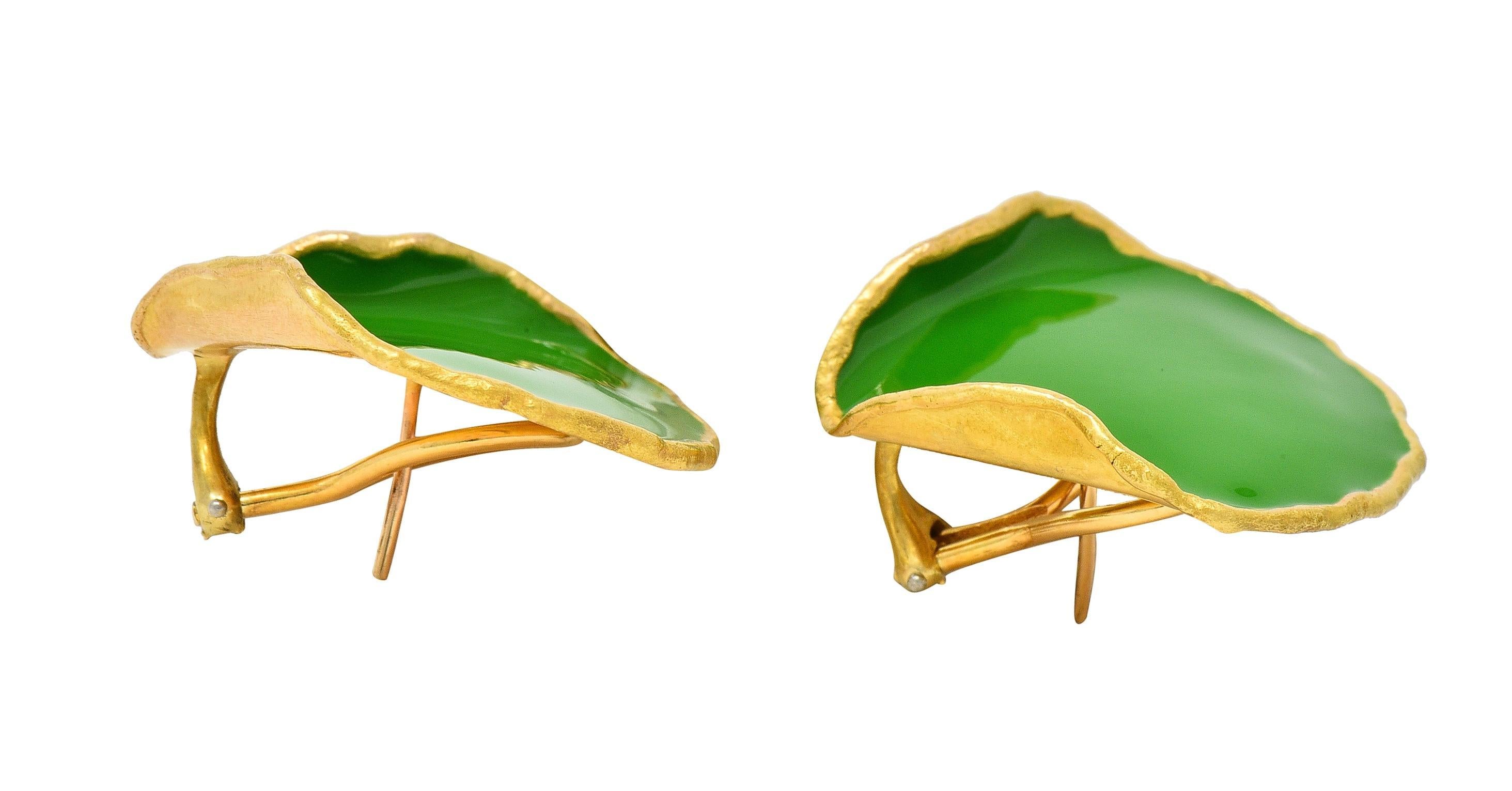 Tiffany & Co. 1979 Green Enamel 18 Karat Yellow Gold Vintage Rose Petal Earrings 4