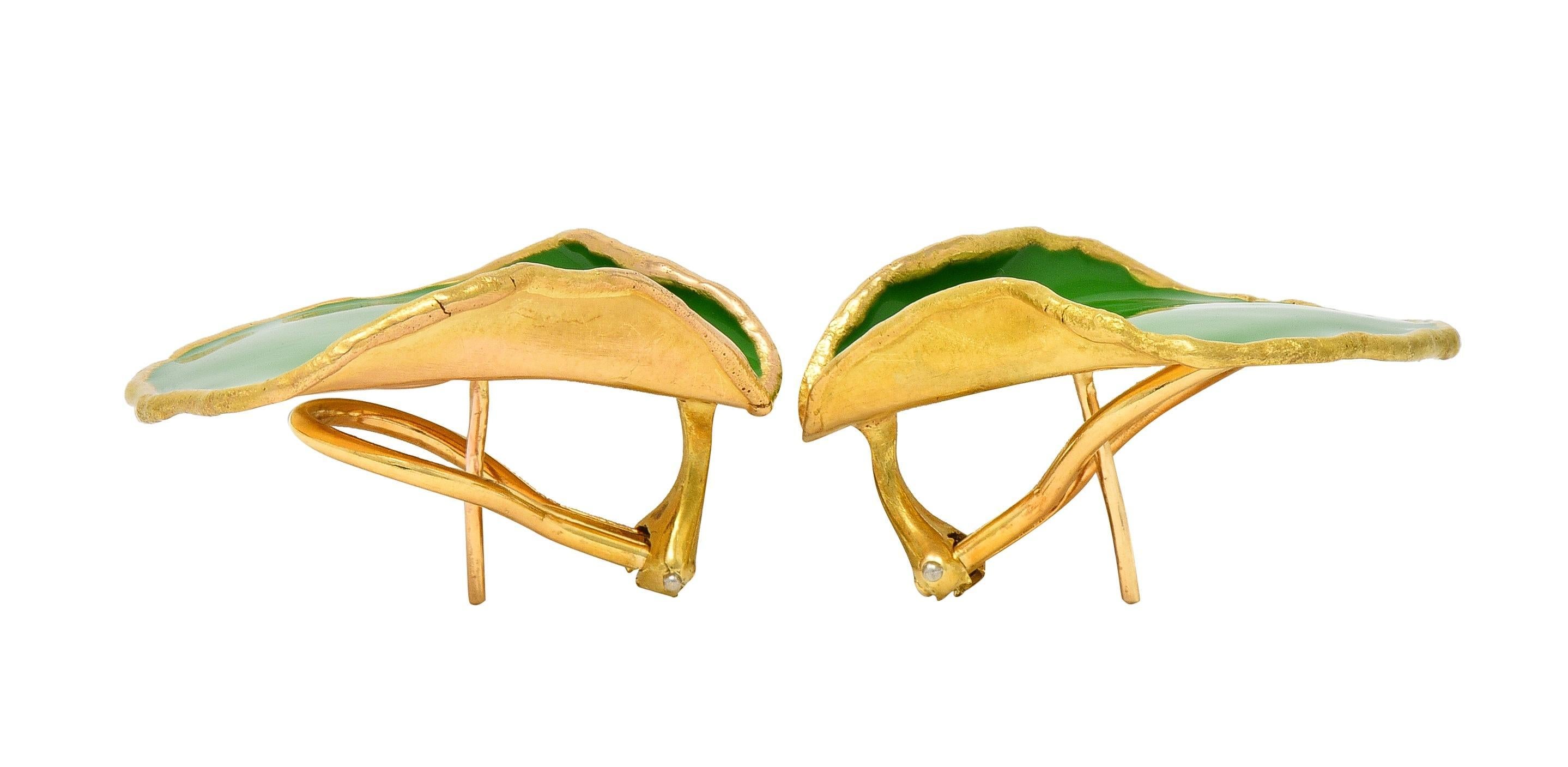 Tiffany & Co. 1979 Green Enamel 18 Karat Yellow Gold Vintage Rose Petal Earrings 5