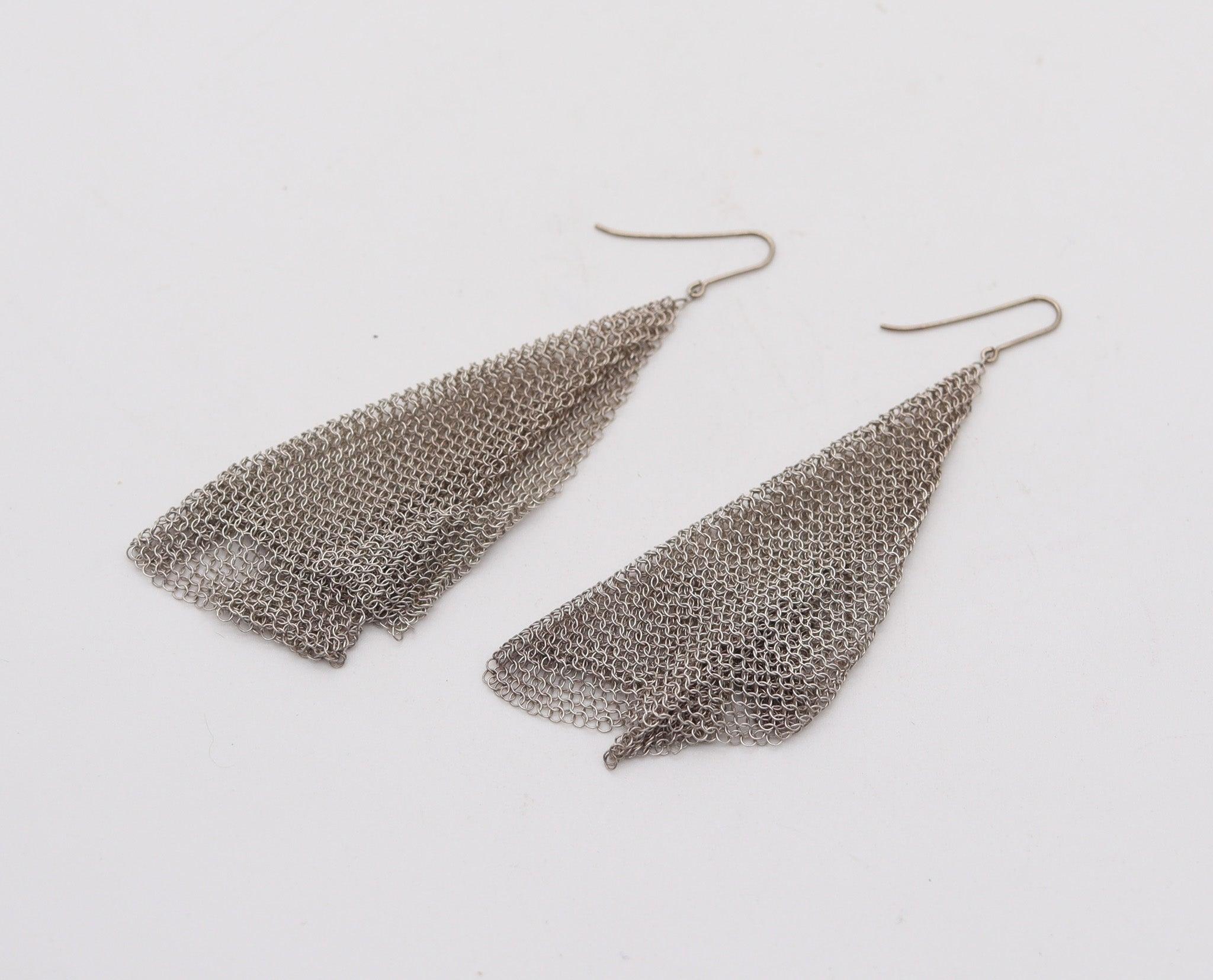 Modernist TIFFANY & CO. 1980 Elsa Peretti Dangle Draped Mesh Earrings In .925 Sterling For Sale