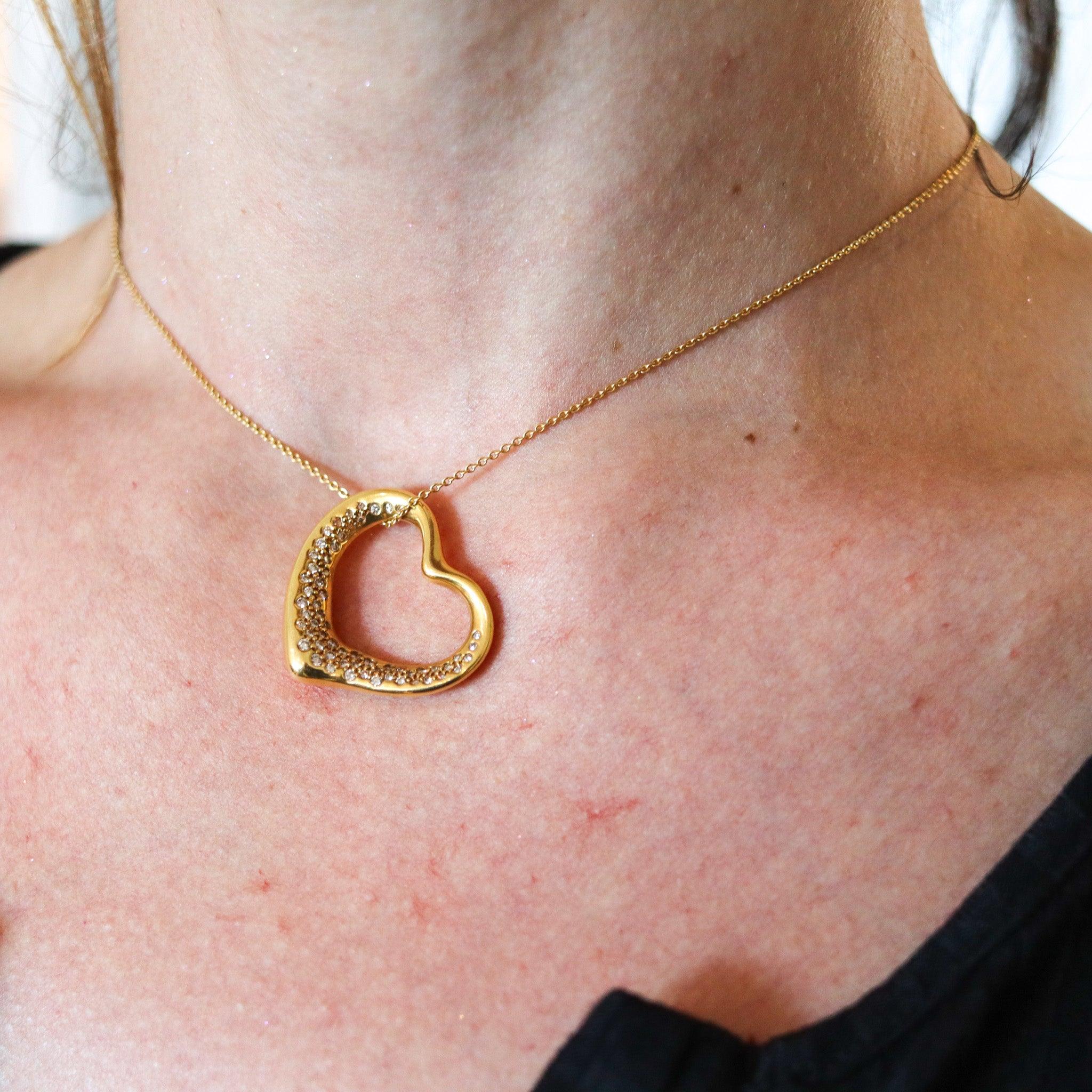 Modernist TIFFANY & CO. 1980 Elsa Peretti Large Open Heart Necklace 18Kt Gold & Diamonds For Sale