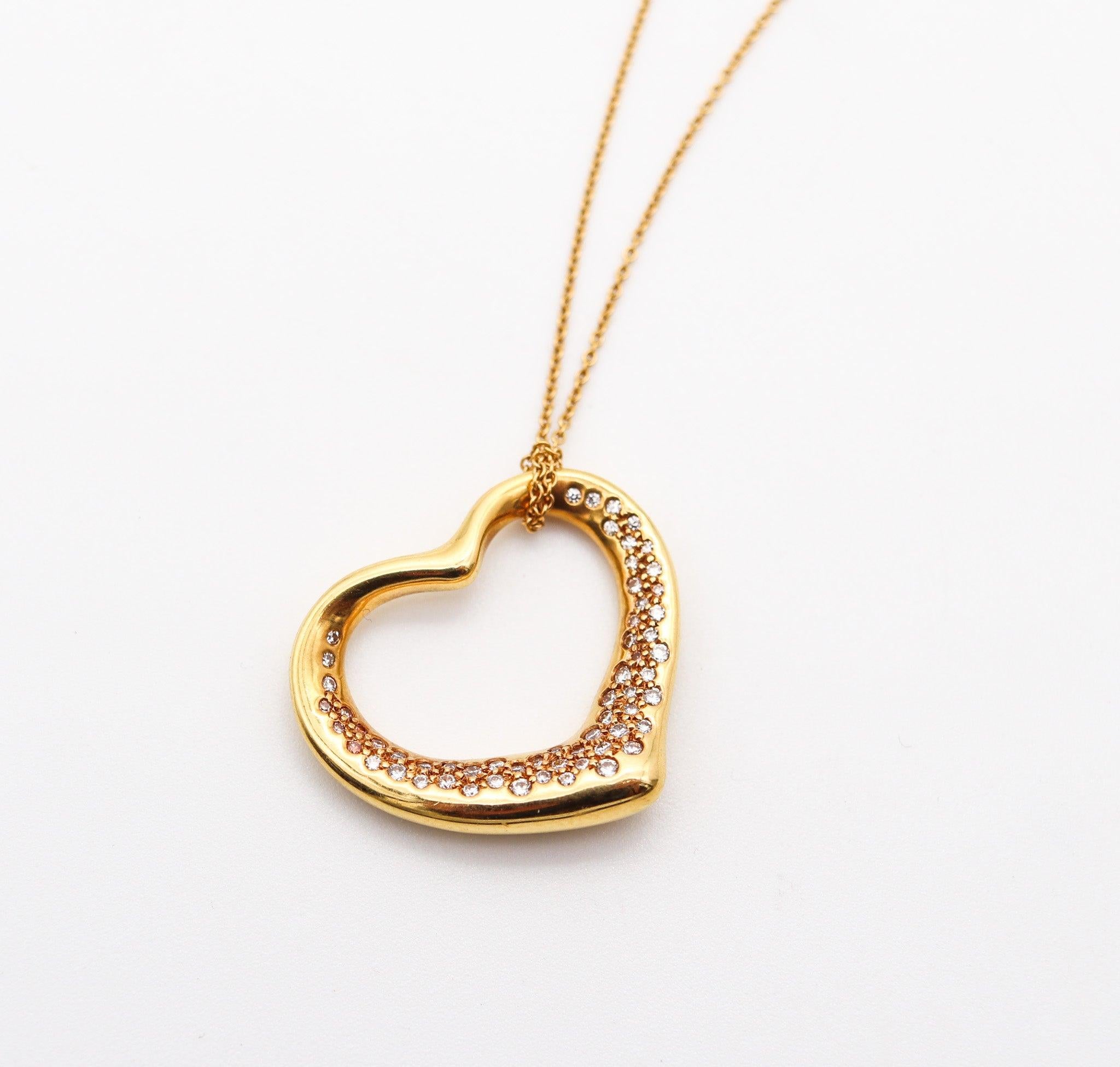 TIFFANY & CO. 1980 Elsa Peretti Large Open Heart Necklace 18Kt Gold & Diamonds In Excellent Condition For Sale In Miami, FL