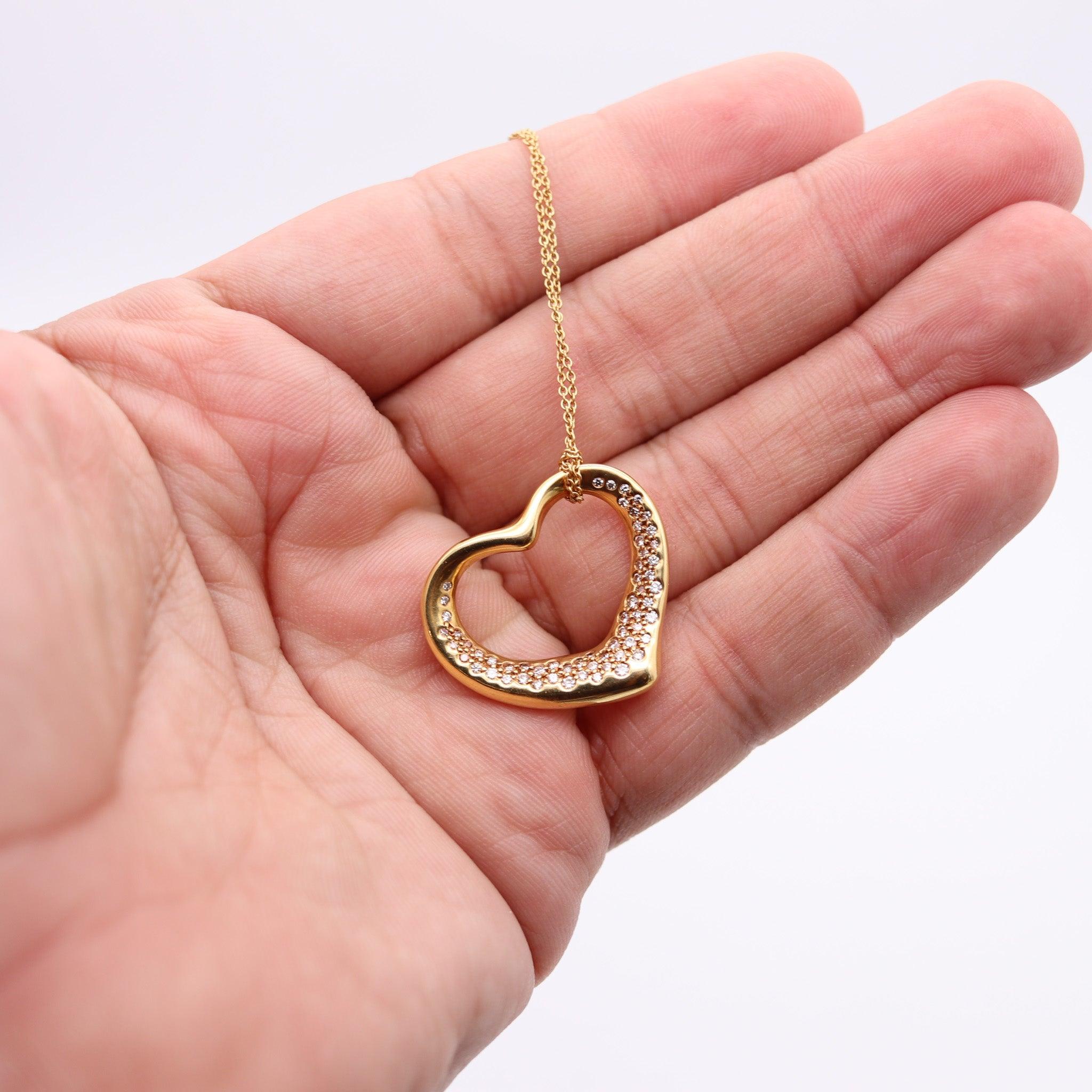 TIFFANY & CO. 1980 Elsa Peretti Large Open Heart Necklace 18Kt Gold & Diamonds For Sale 3