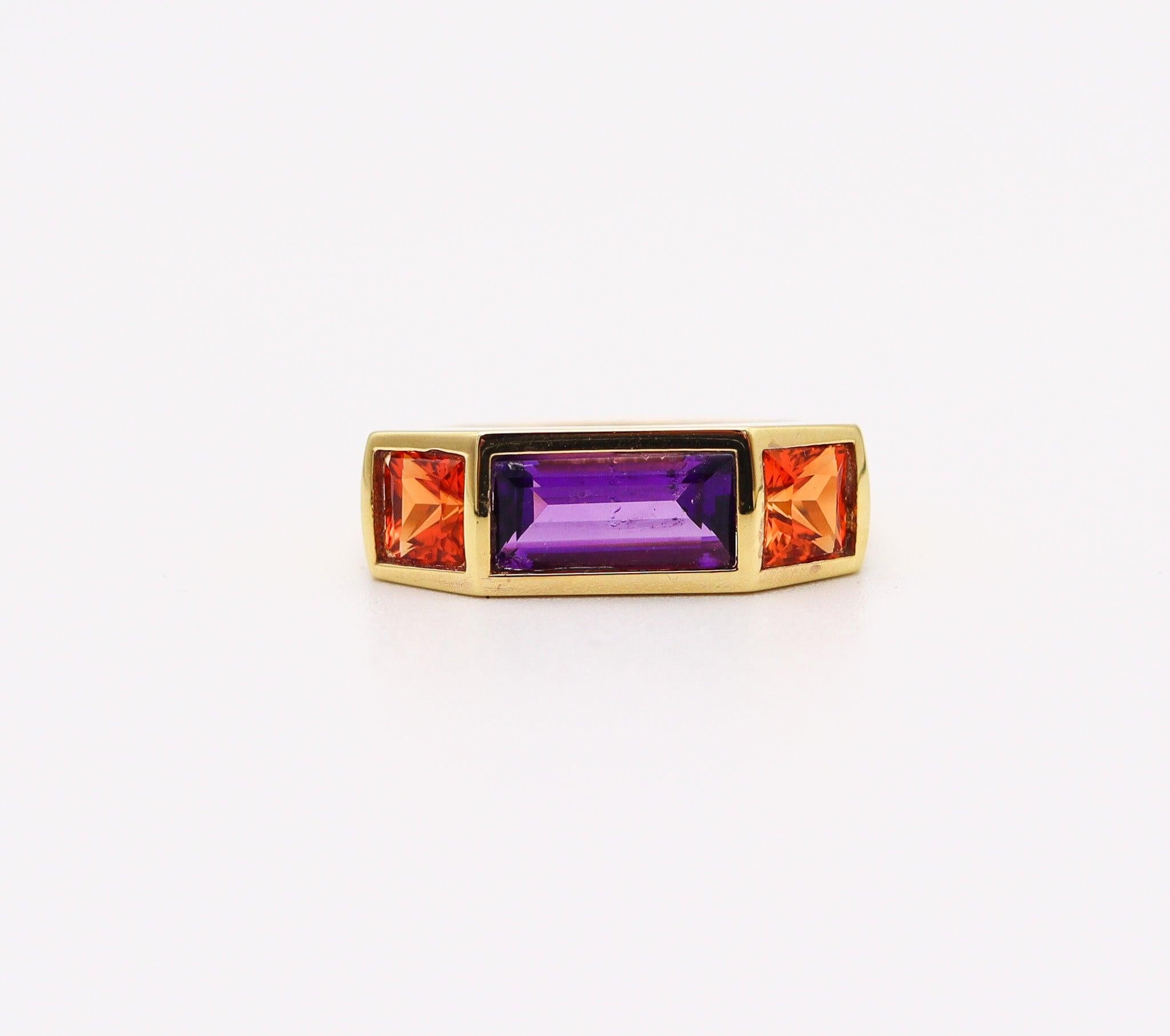 Modernist TIFFANY & CO. 1980 Paloma Picasso Geometric Ring In 18Kt Gold Amethyst & Garnets