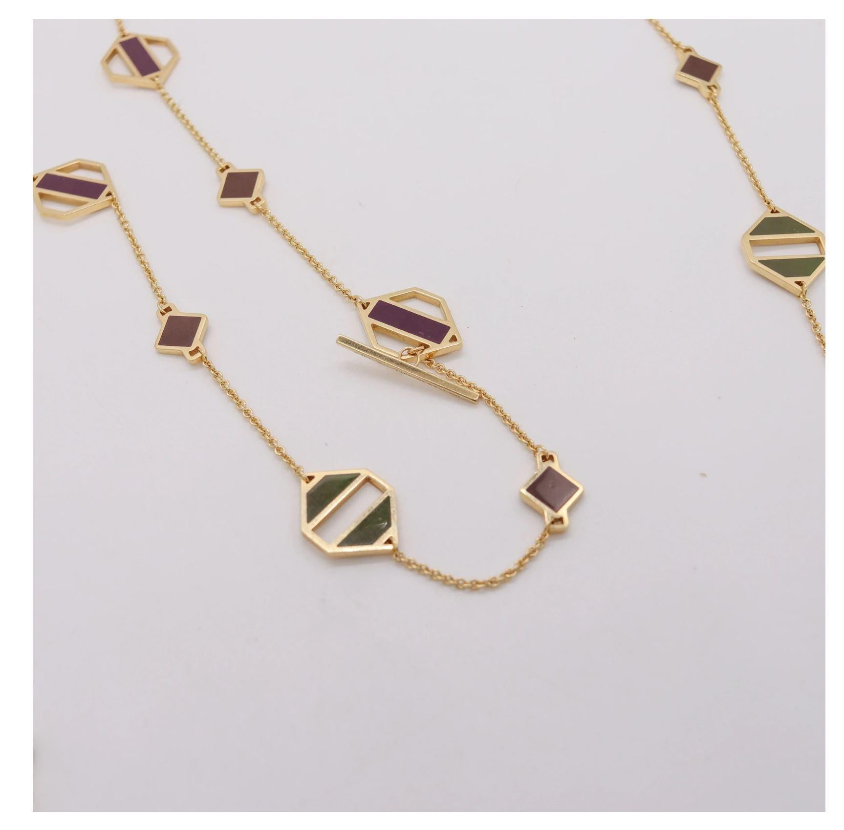 A Sautoir designed by Paloma Picasso For Tiffany & Co.

Very rare colorful piece, created in New York city by Picasso at the Tiffany studios, back in the 1980's. This long geometric sautoir necklace has been crafted in solid yellow gold of 18 karats