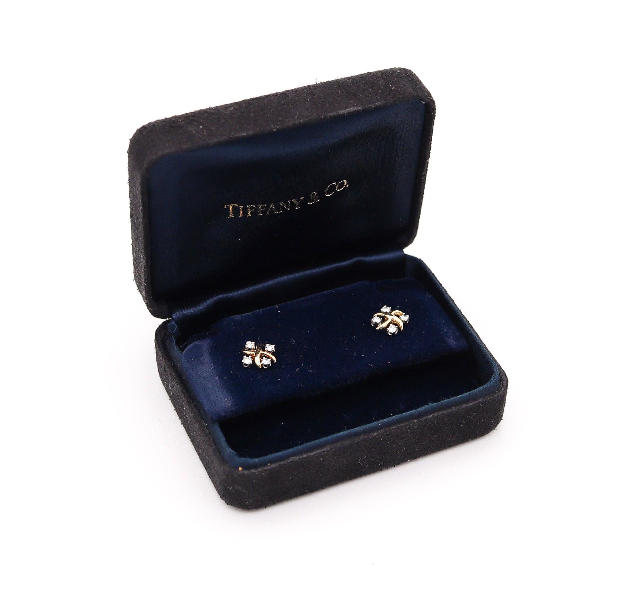 Modernist TIFFANY & CO. 1980 Schlumberger Lynn Studs Earrings 18Kt Gold-Platinum & Diamond For Sale
