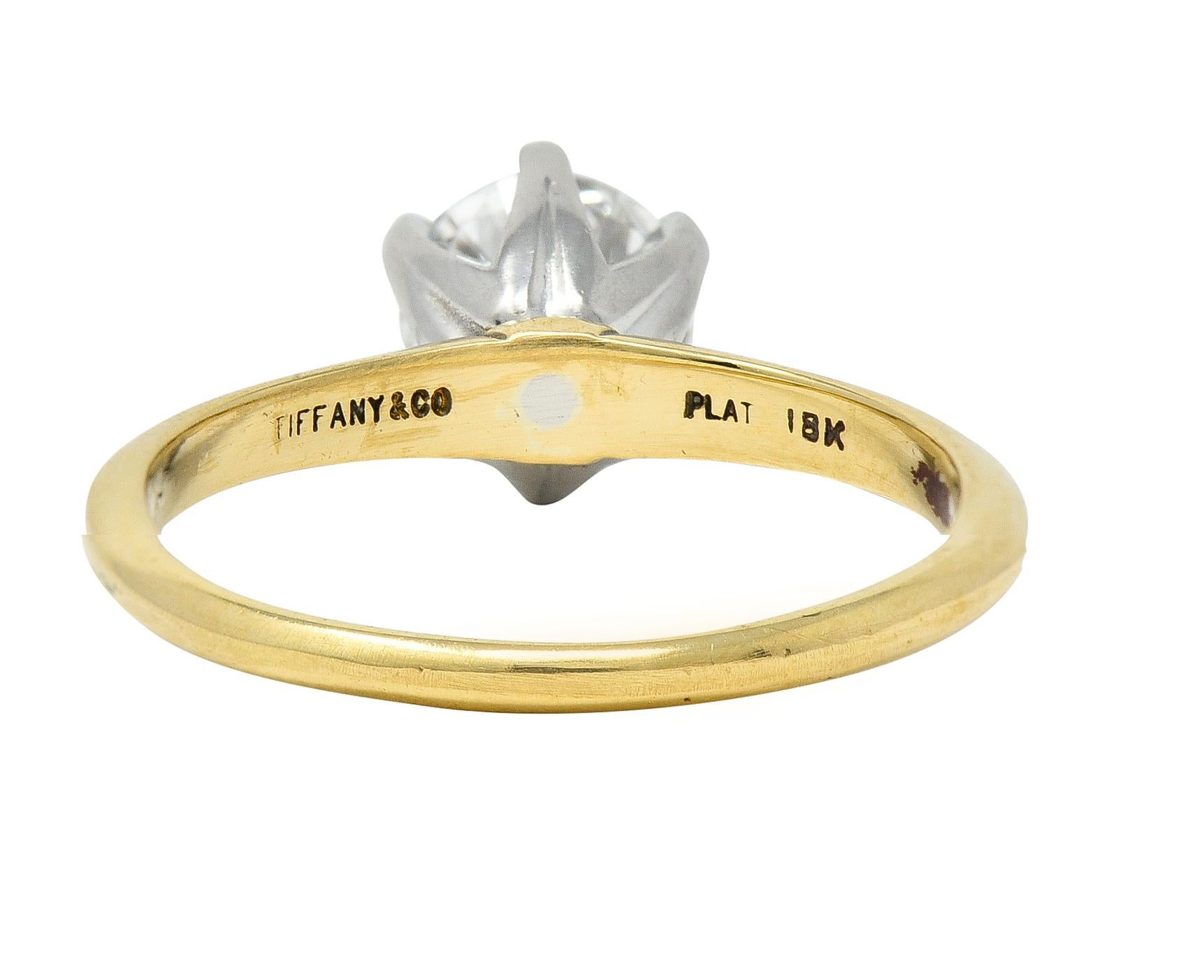 Brilliant Cut Tiffany & Co. 1980s 1.02 CTW Diamond Platinum 18 Karat Yellow Gold Ring For Sale