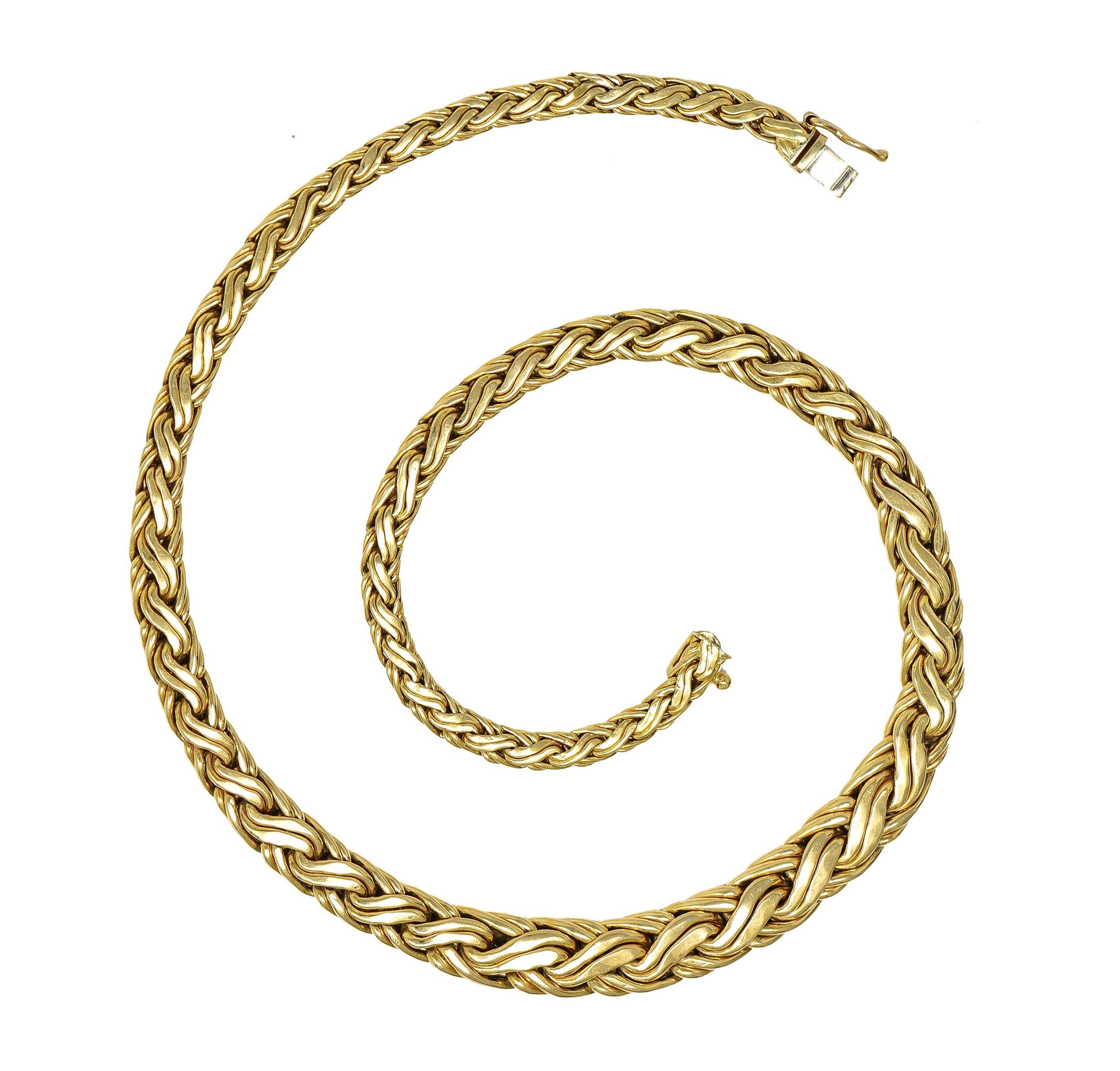 Comprised of woven graduated wheat link chain
Braided with a high polish finish
Completed by a concealed clasp 
With hinged figure eight safety
Stamped for 14 karat gold
Fully signed for Tiffany & Co.
Circa: 1980s
Length: 16 1/2 inches
Width at