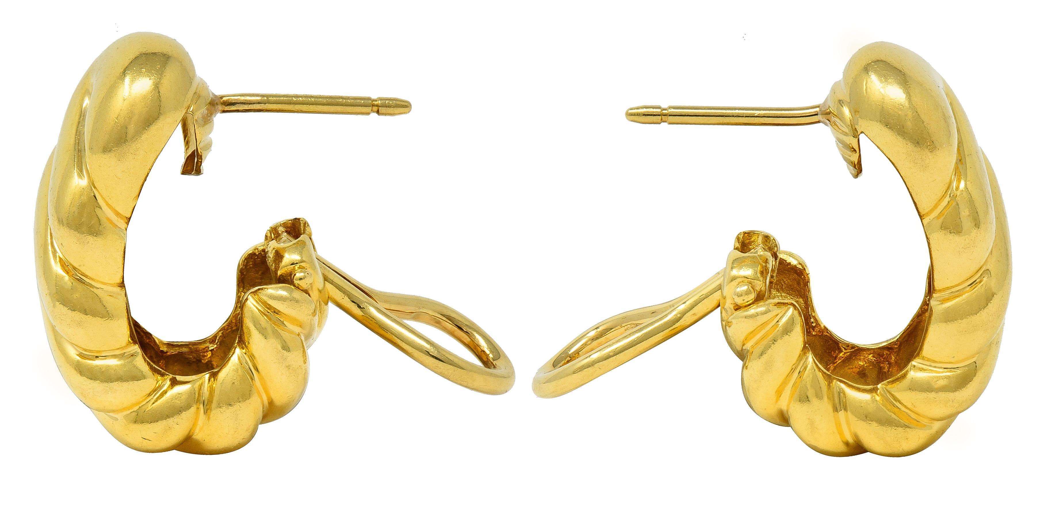 Tiffany & Co. 1980s 18 Karat Yellow Gold Vintage Twist J-Hoop Earrings For Sale 1